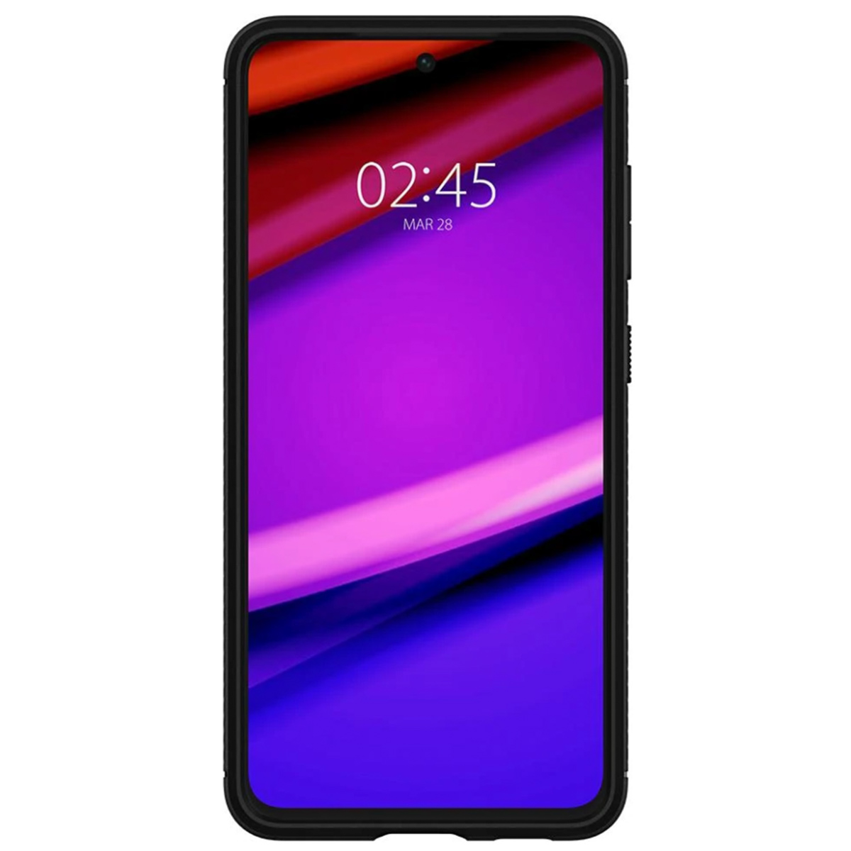 Een zwarte telefoon met een scherm dat een paarse gradiënt en de datum weergeeft.