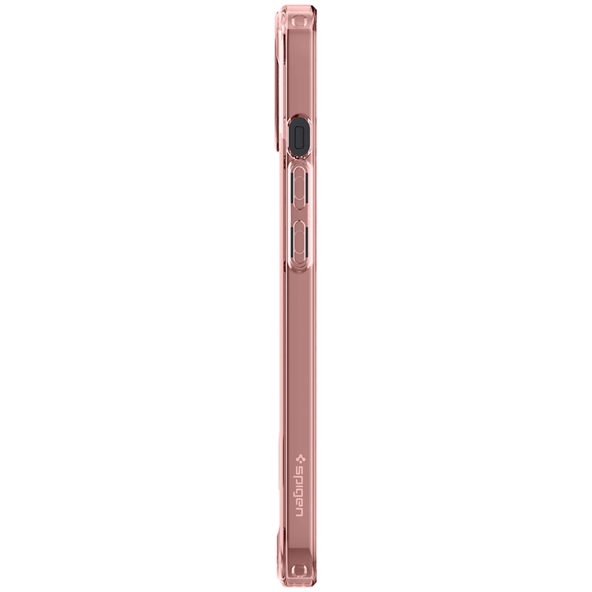 A transparent rose-gold phone case, showing the side profile of a phone with buttons.