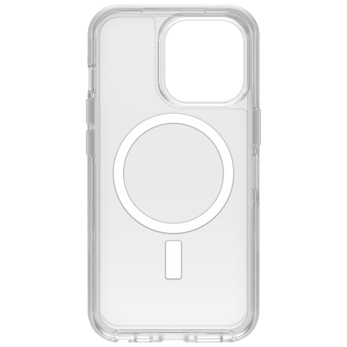Transparante telefoonhoes met MagSafe-ring. Het heeft een camera-uitsparing en is transparant.
