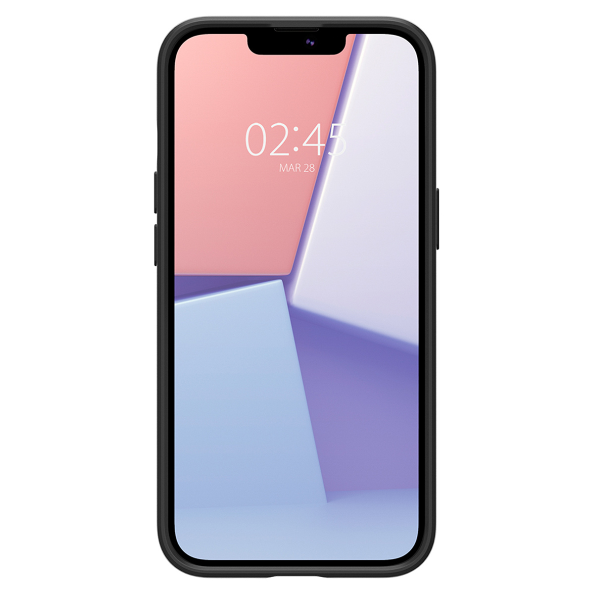 Un téléphone noir affichant un design abstrait géométrique avec l'heure et la date.