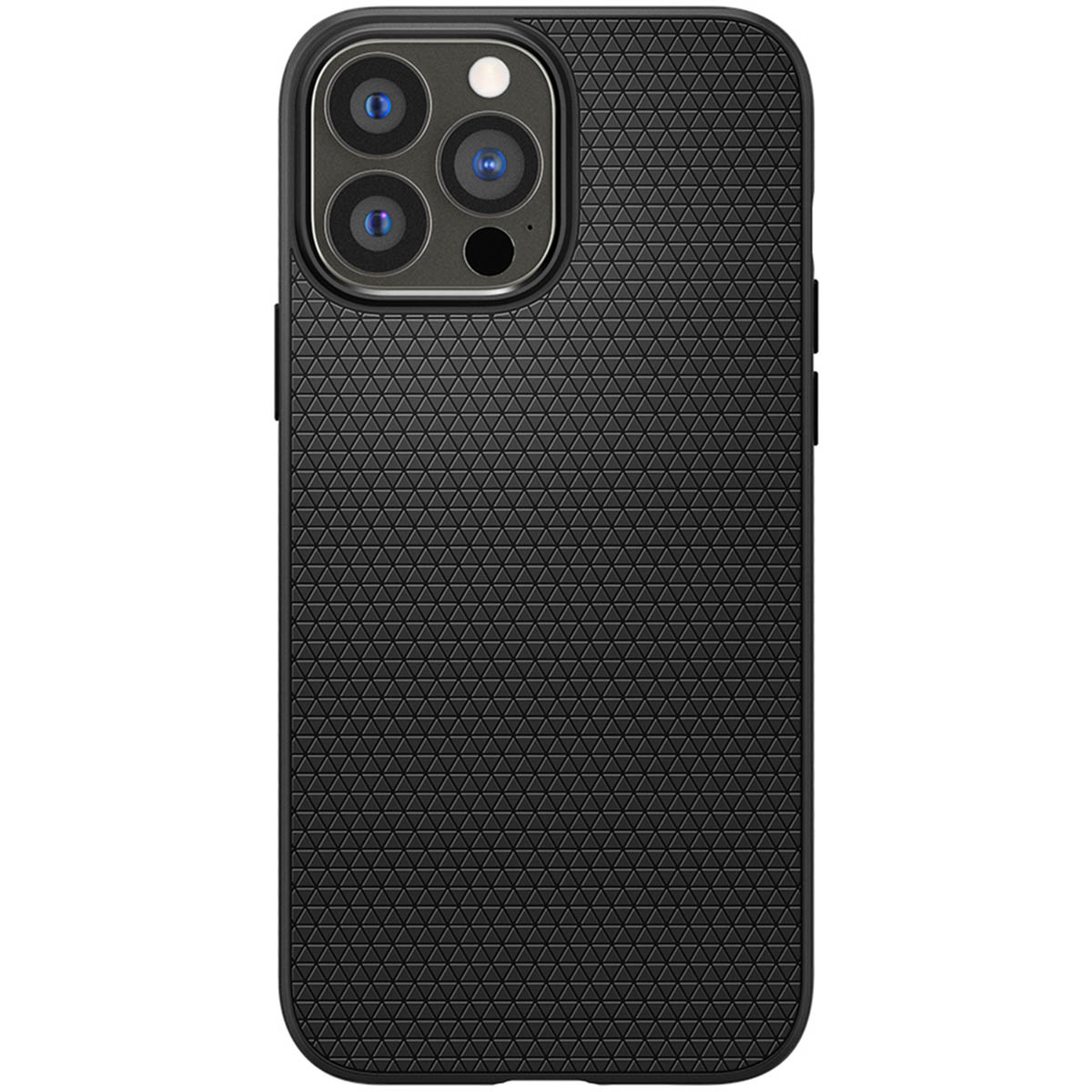 Custodia per telefono nera strutturata con tre obiettivi. La custodia ha un design protettivo.