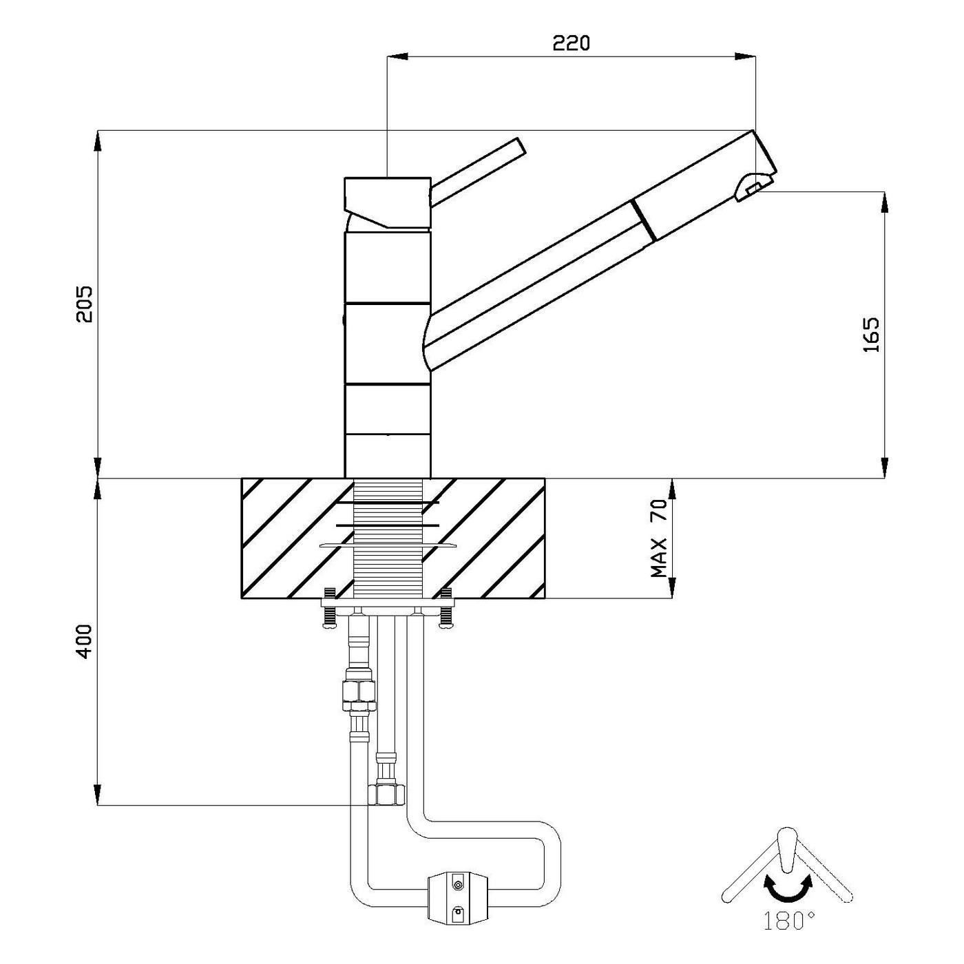 Disegno tecnico di un rubinetto da cucina con dimensioni e dettagli di collegamento.