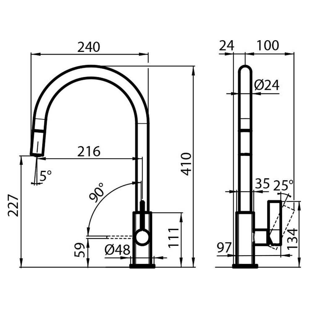 Disegno a tratto di un rubinetto da cucina con dimensioni.