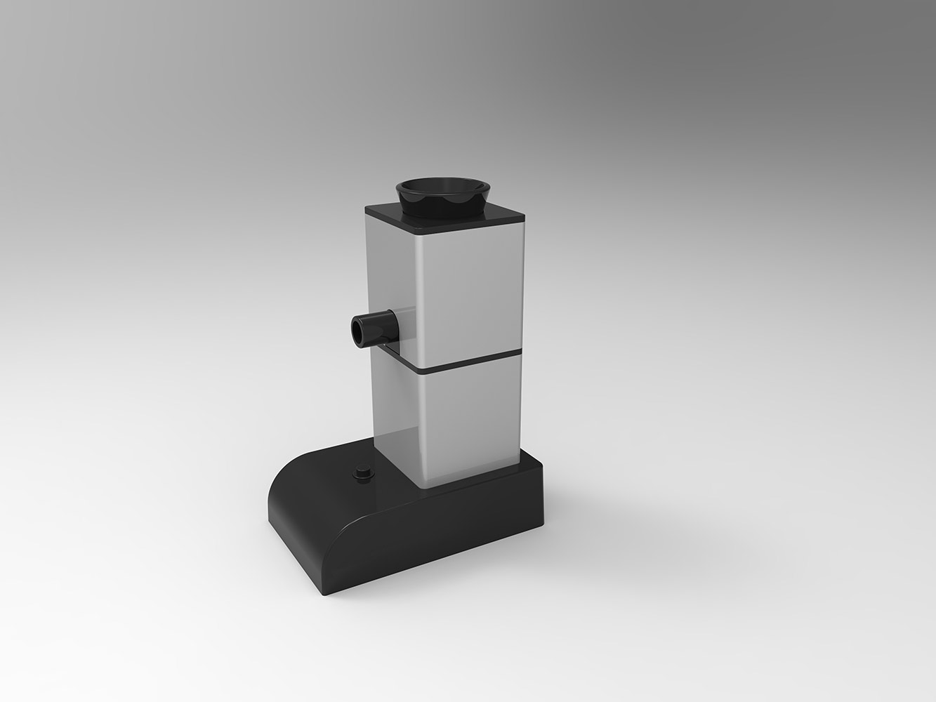 Black and silver device on a white background. Includes a black top.