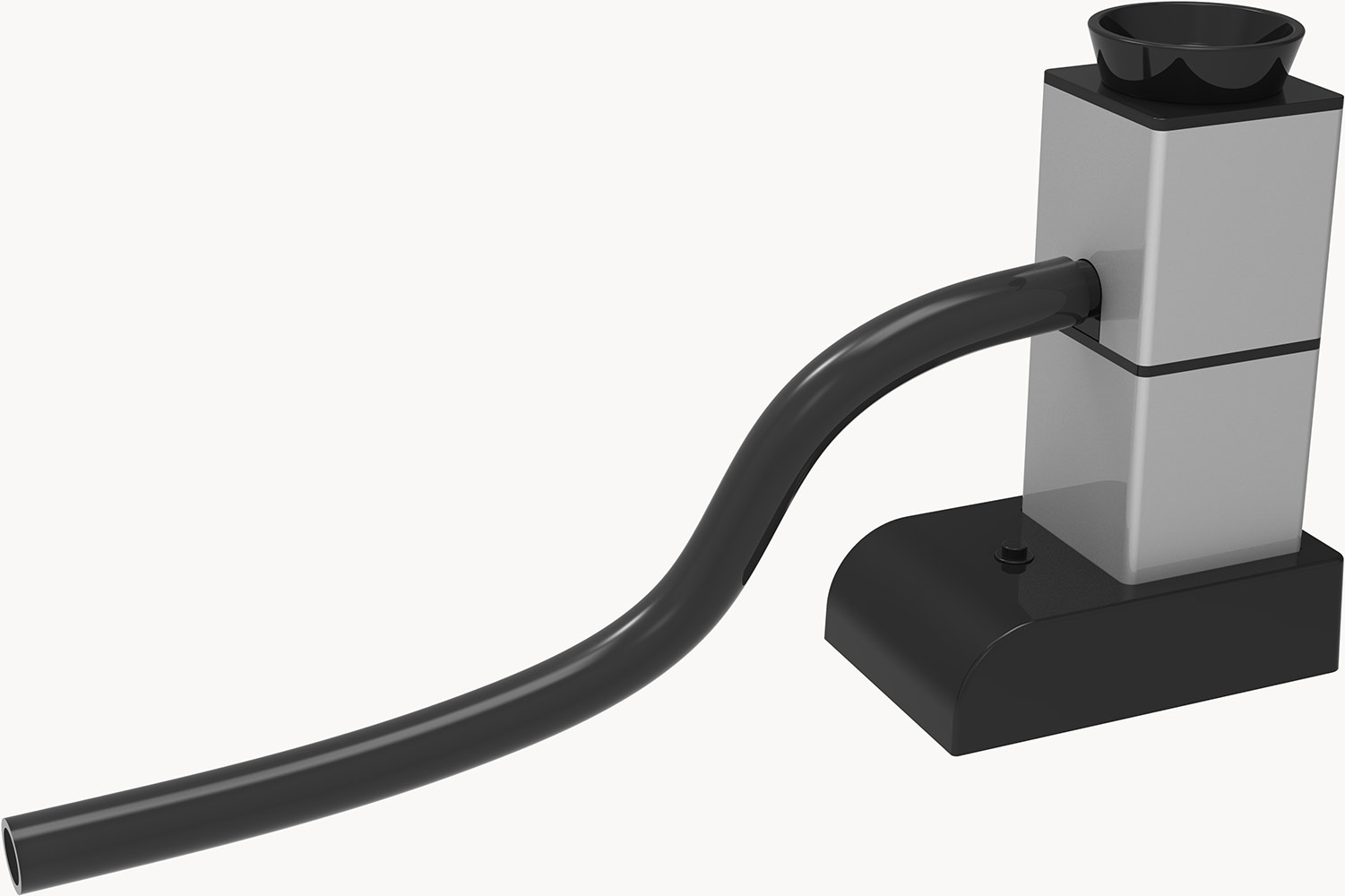 Apparatus with silver, black, and a curved black tube.