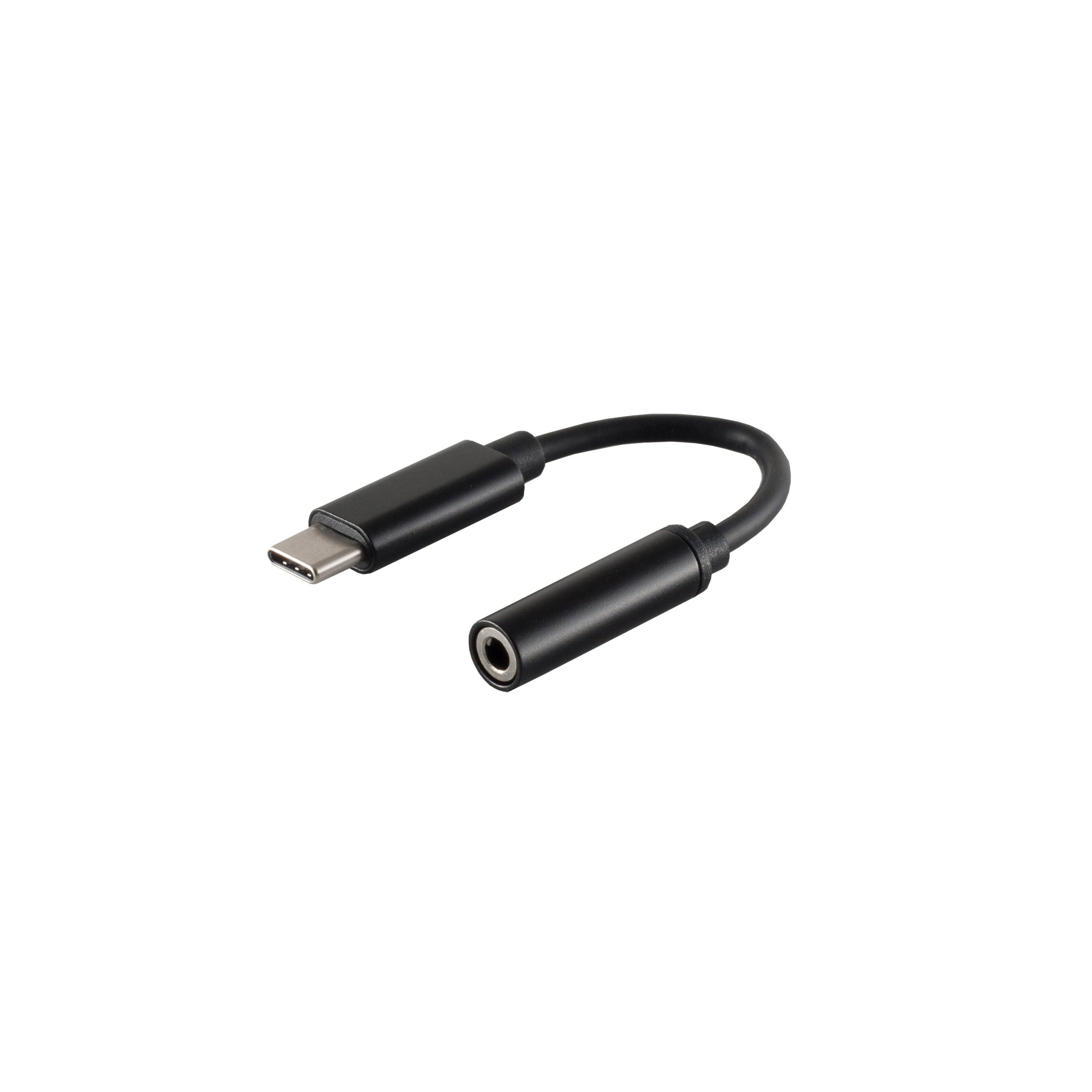 Ein schwarzes USB-C-zu-3,5-mm-Audioadapterkabel. Ein Ende ist USB-C, das andere ein 3,5-mm-Klinkenstecker.