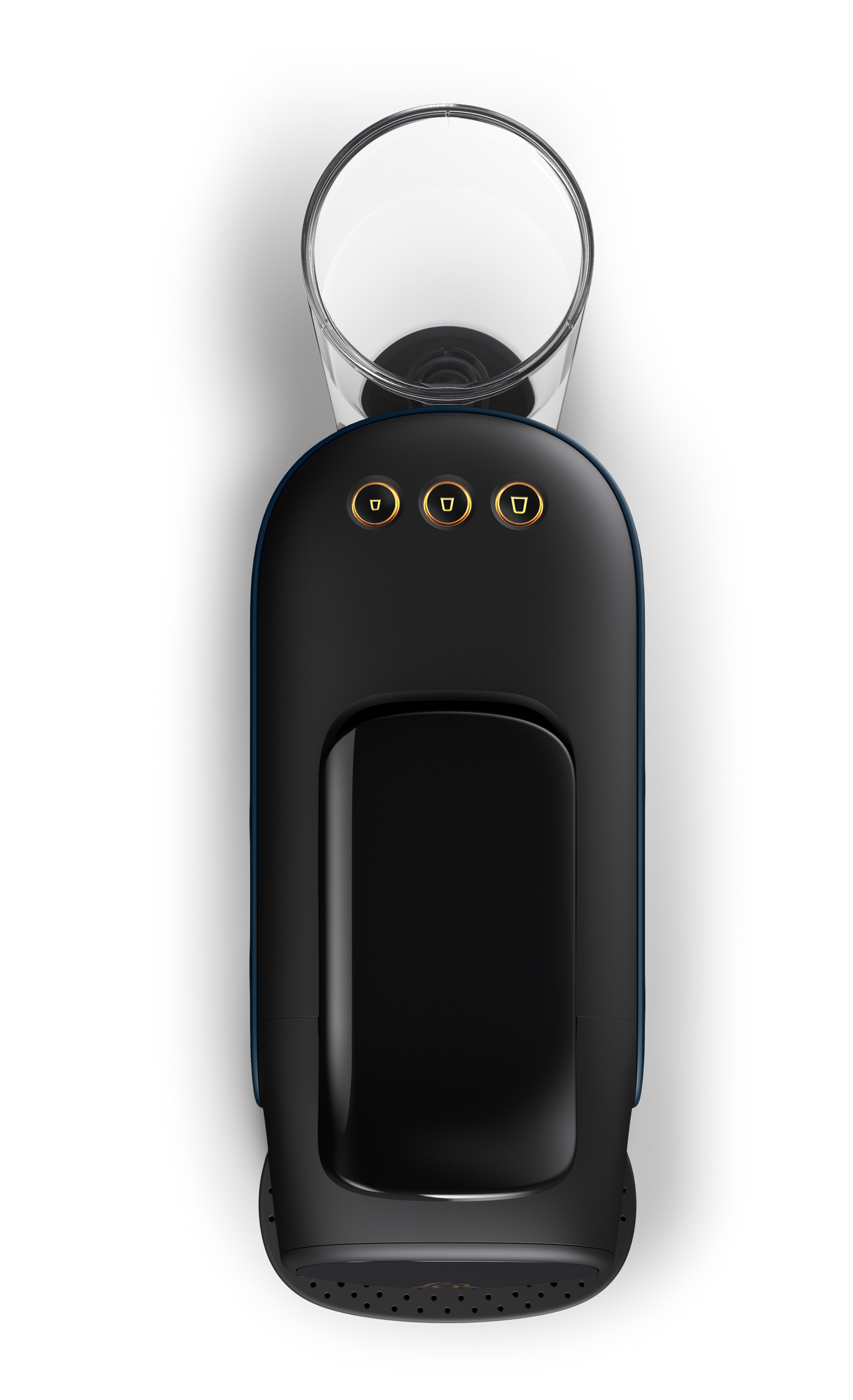 Black and blue coffee machine with a glass, three buttons, and a white background.