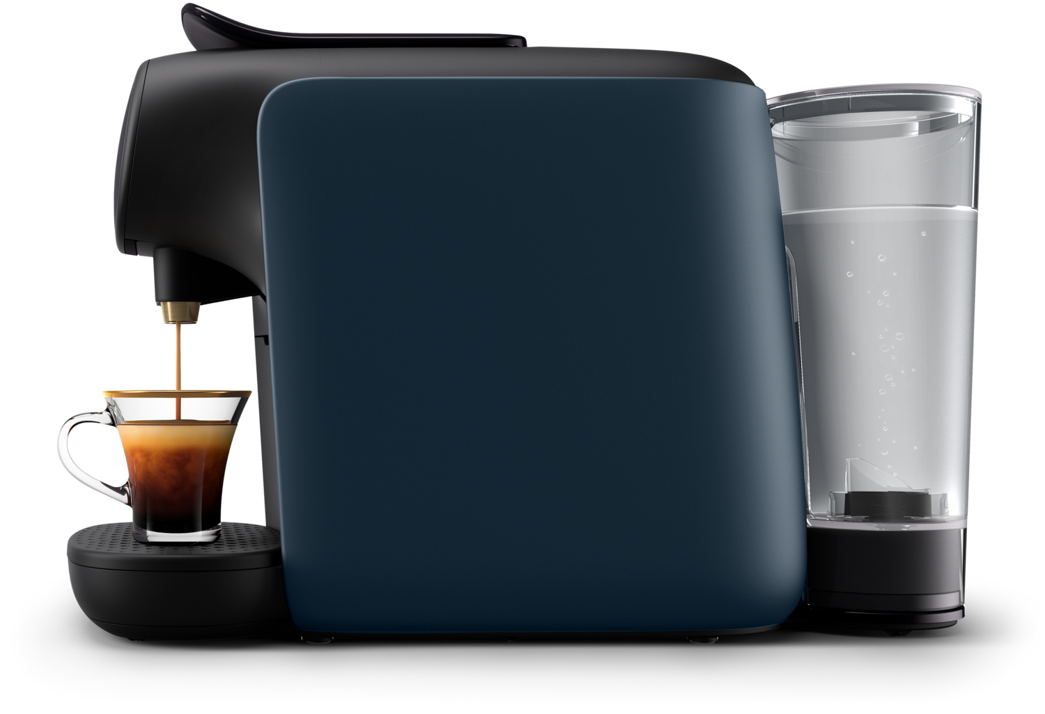 Blue and black coffee machine dispensing coffee into a glass.