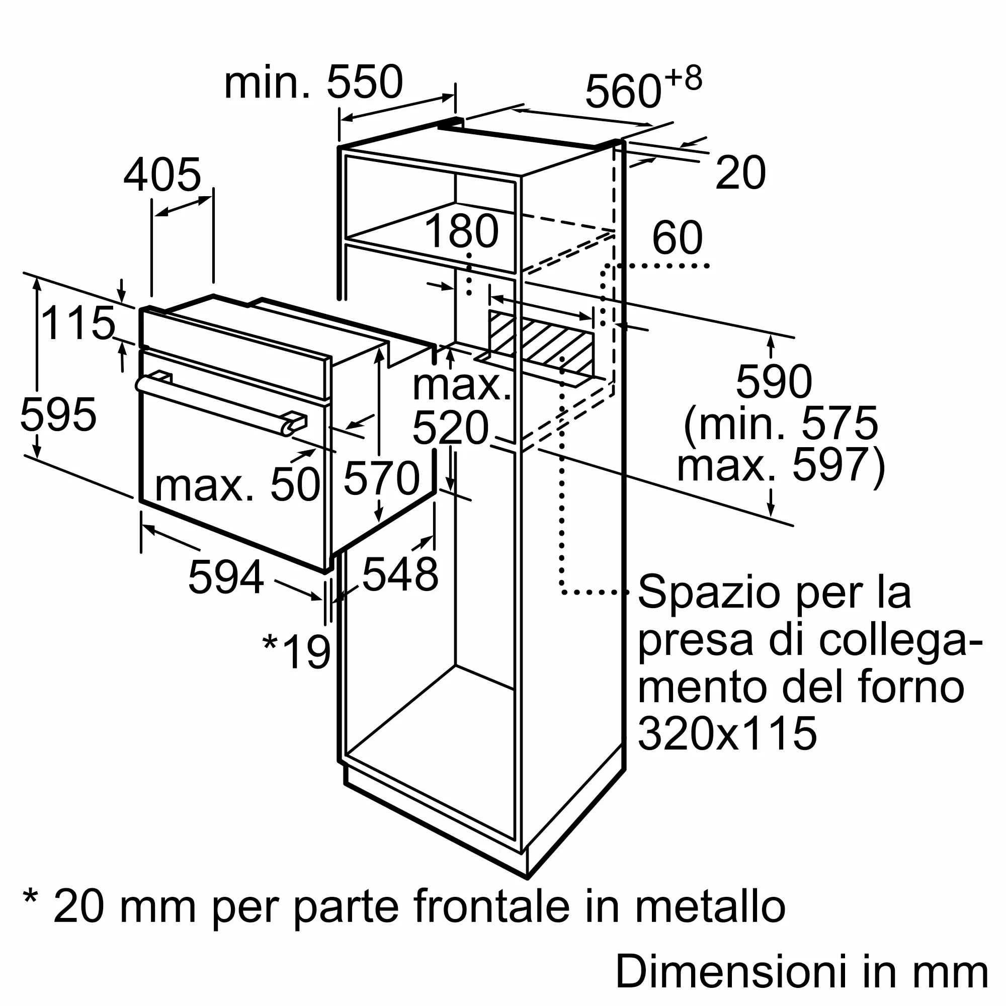 Disegno tecnico di un elettrodomestico da cucina, mostra dimensioni e requisiti di installazione.