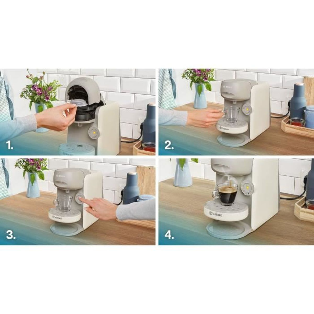 Cztery zdjęcia pokazujące użytkowanie ekspresu do kawy Tassimo, od dodania kapsułki do nalewania kawy.