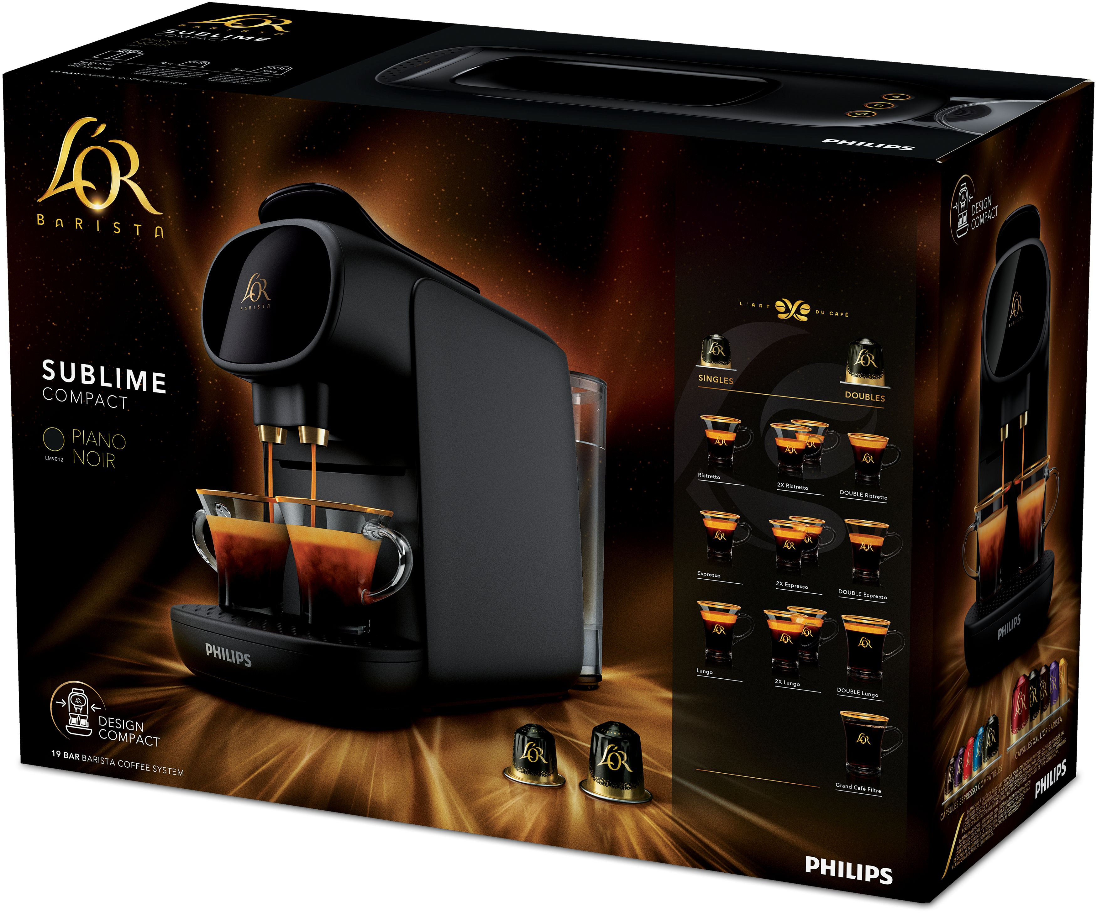 Une machine à café noire avec deux tasses et une boîte. La machine est sur un fond noir.