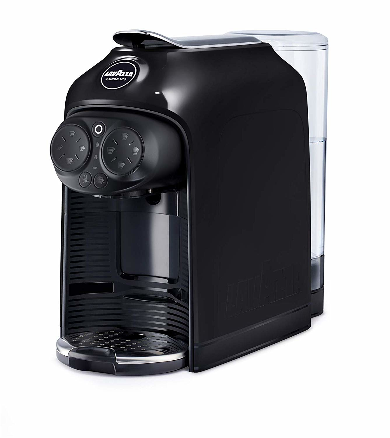 Czarny ekspres do kawy z dwoma pokrętłami i zbiornikiem na wodę. Maszyna ma elegancki design.