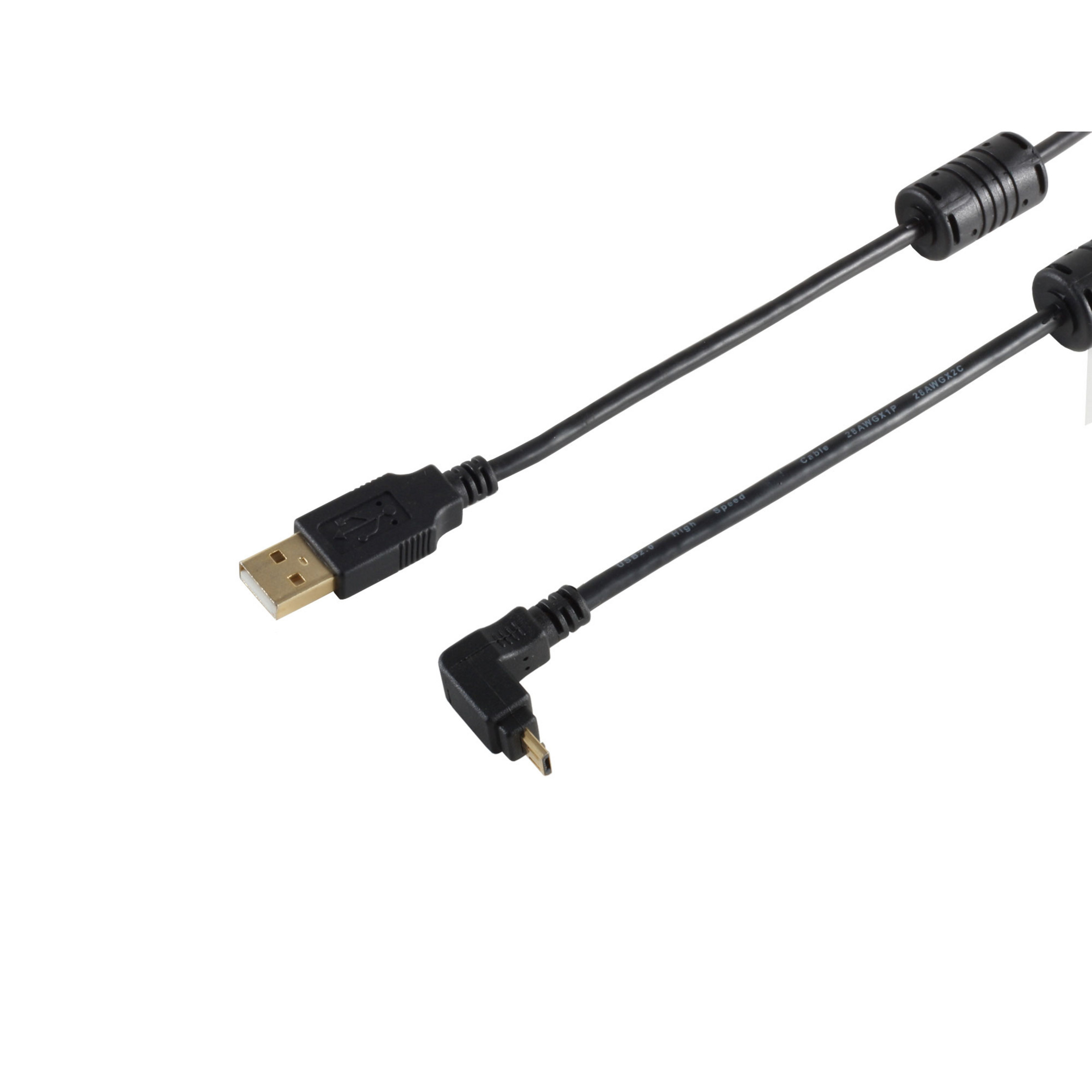Schwarzes USB-Kabel mit einem USB-Anschluss und einem rechtwinkligen Micro-USB-Anschluss auf weißem Hintergrund.