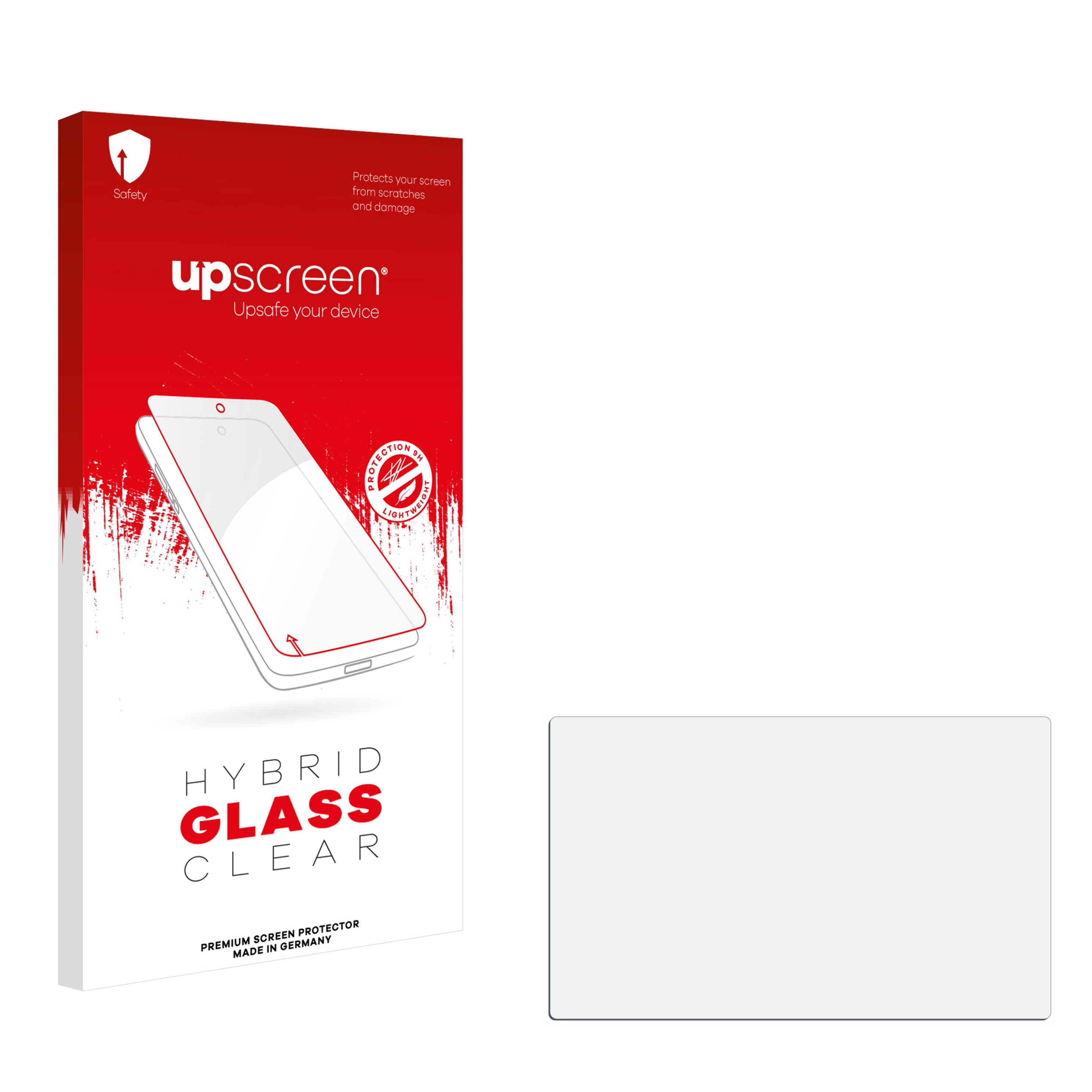 Eine weiße und rote Box mit einem transparenten Displayschutz für ein Telefon. Die Box hat eine Telefonkontur.