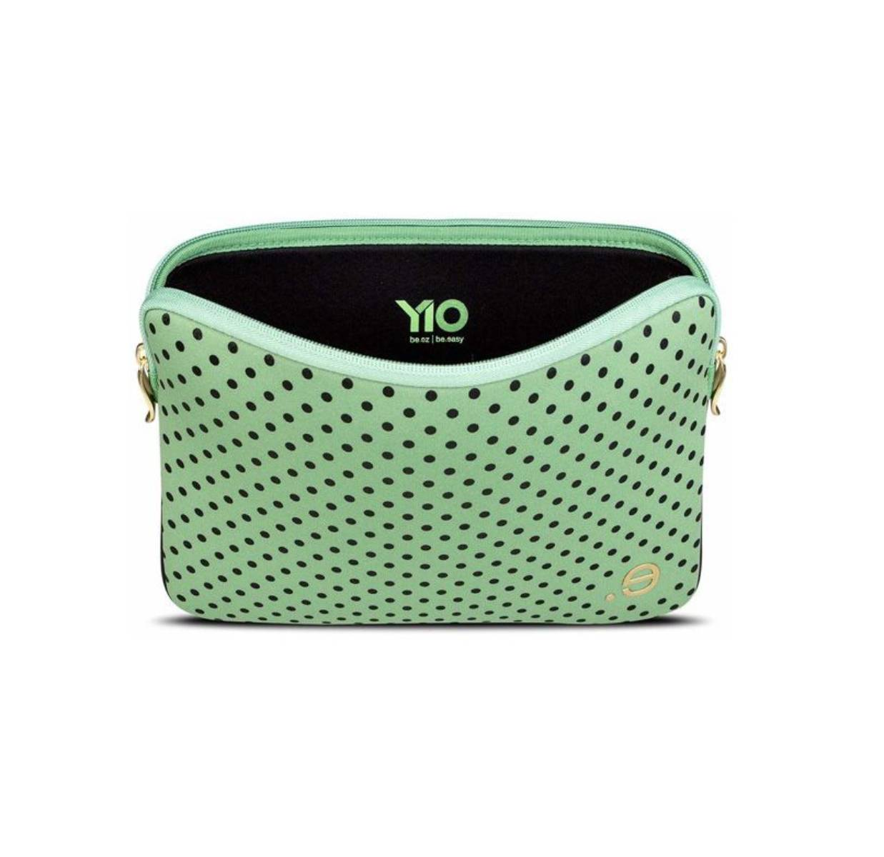 Housse pour ordinateur portable vert menthe à pois noirs, ouverte, révélant l'intérieur noir et le logo.
