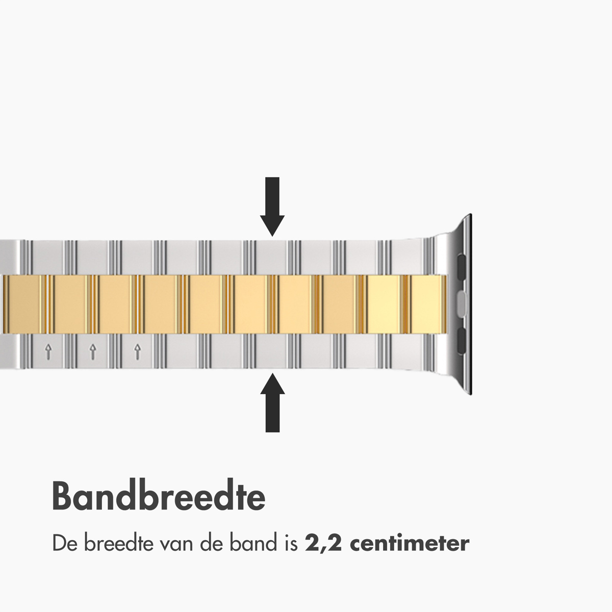 A metal and gold watch band with arrows indicating width of 2.2 centimeters.