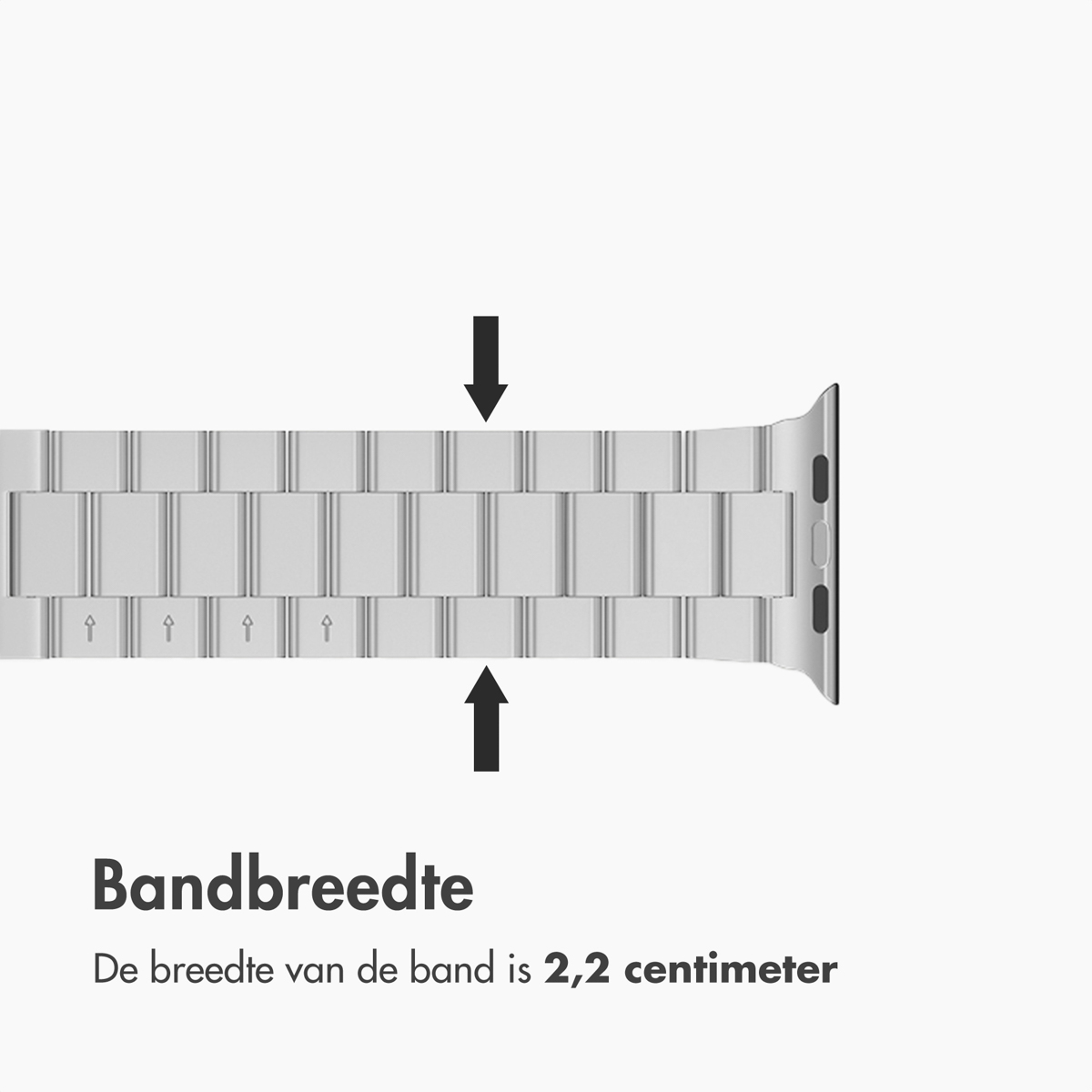 Silver watch band with arrows pointing to band width, with the text Bandbreedte below.