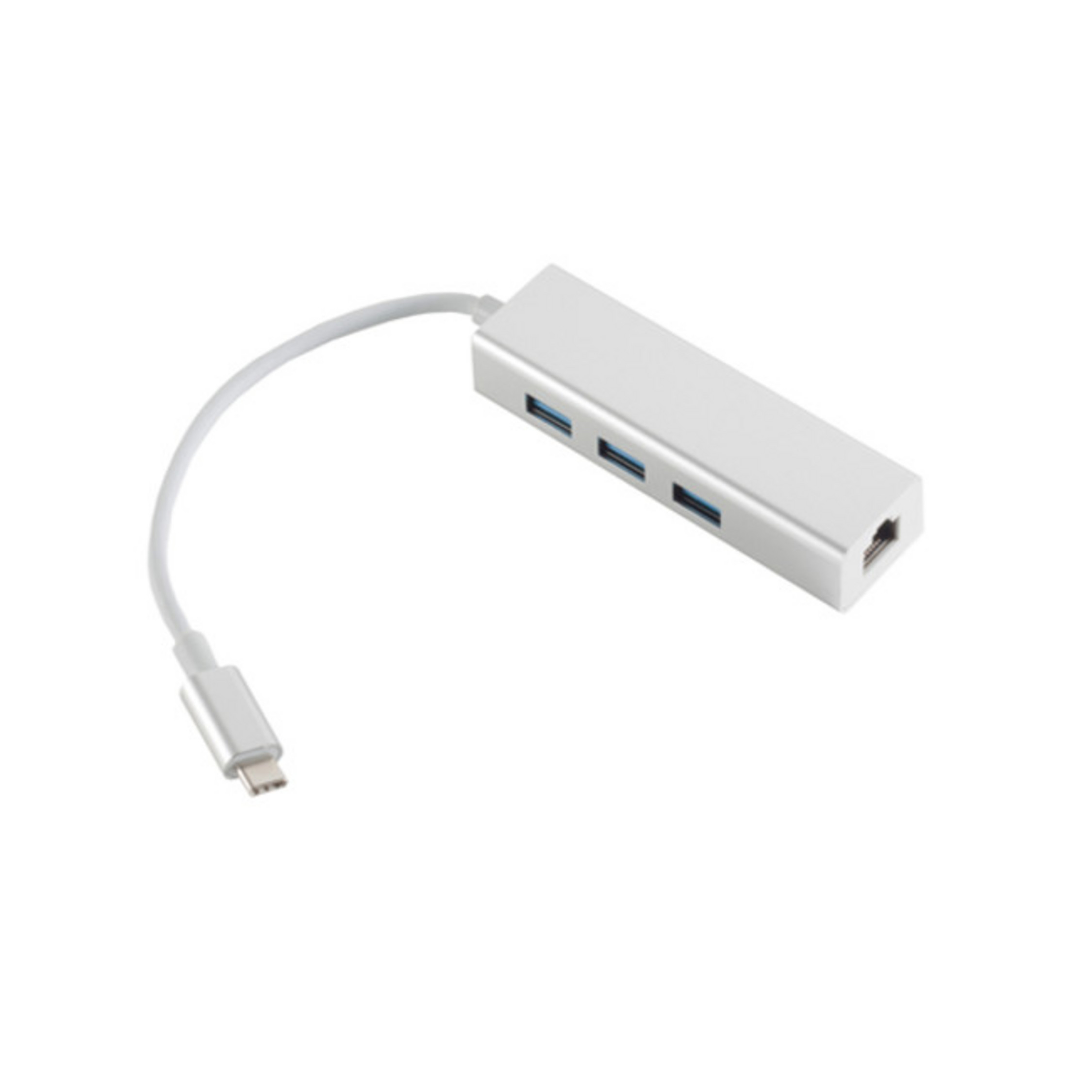 Ein silberner USB-Hub mit vier Anschlüssen und einem USB-C-Anschluss. Das Kabel ist weiß.