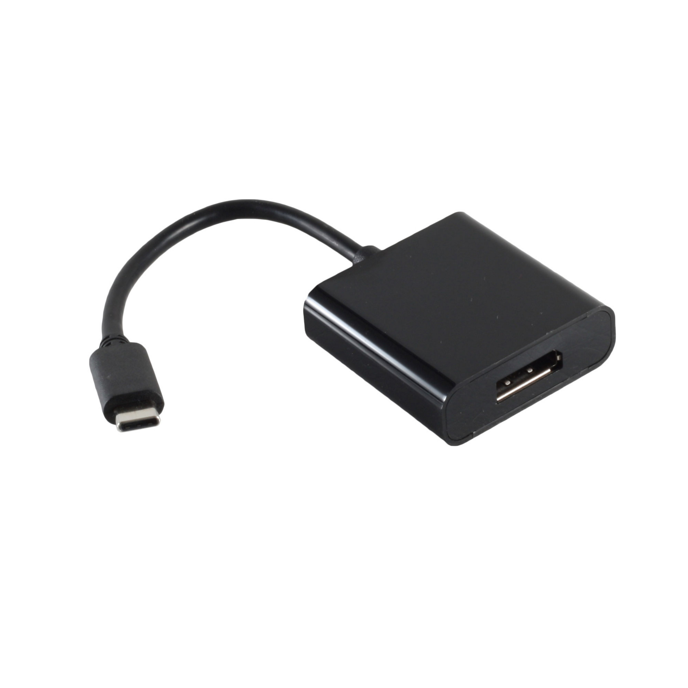 Schwarzer USB-C-Adapter. Ein Ende ist USB-C, das andere ein schwarzes Rechteck mit USB-Anschluss.