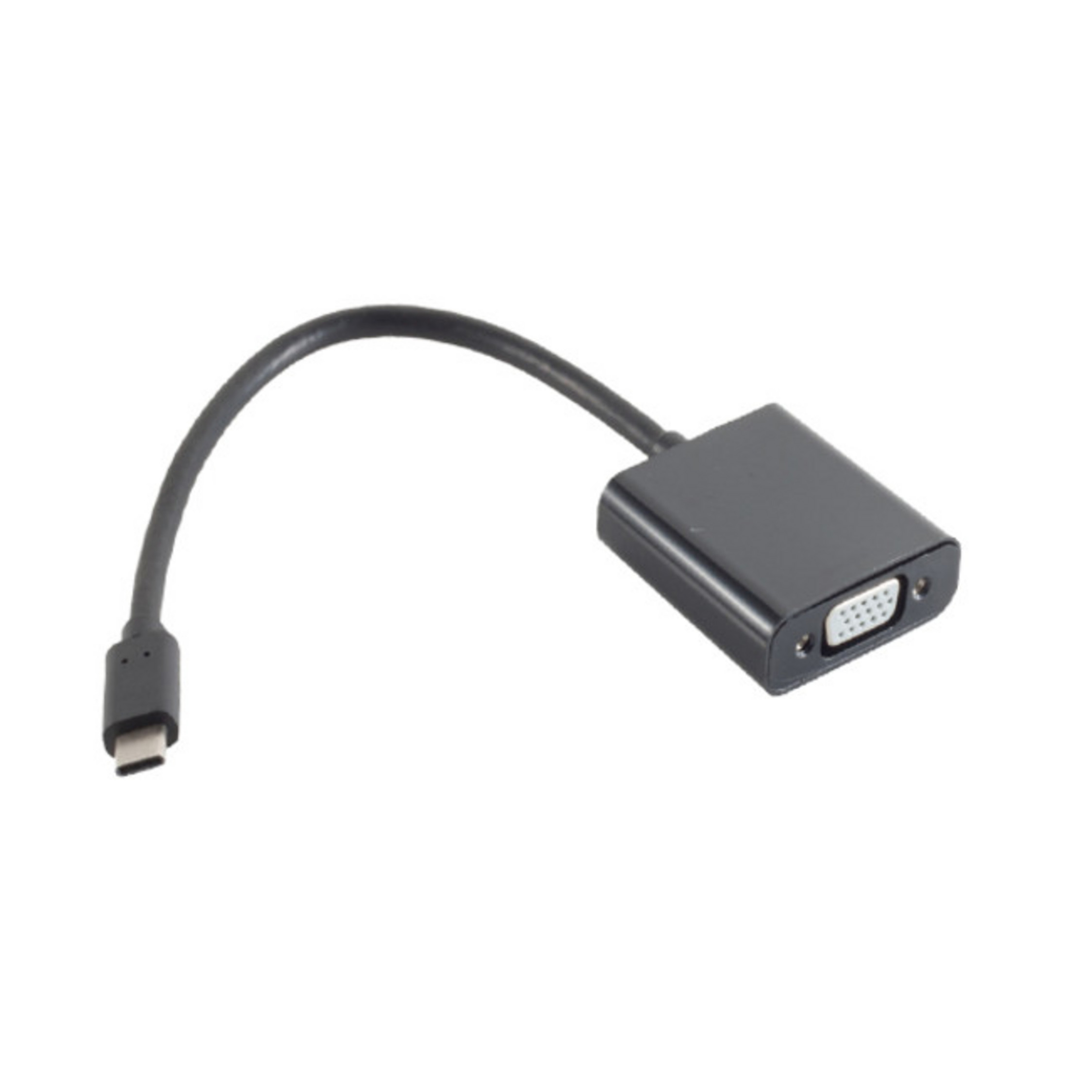 Schwarzer USB-C-zu-VGA-Adapter. Er hat ein schwarzes Kabel und einen schwarzen VGA-Anschluss.