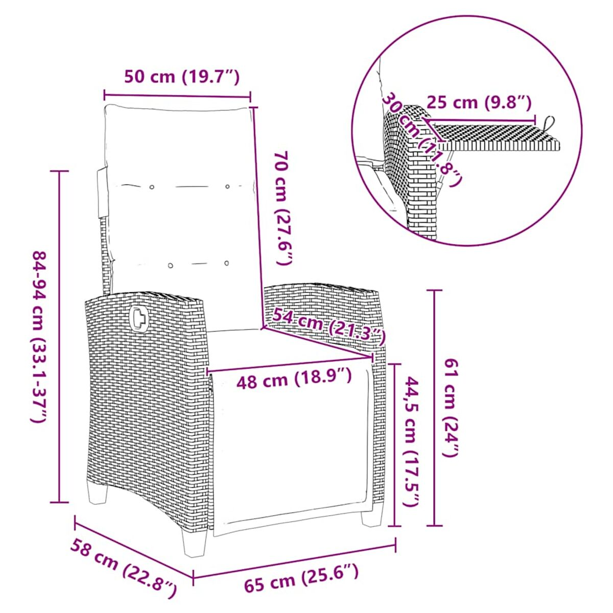 Una sedia in vimini con dimensioni. La sedia è su sfondo bianco, con una vista dettagliata della sedia.