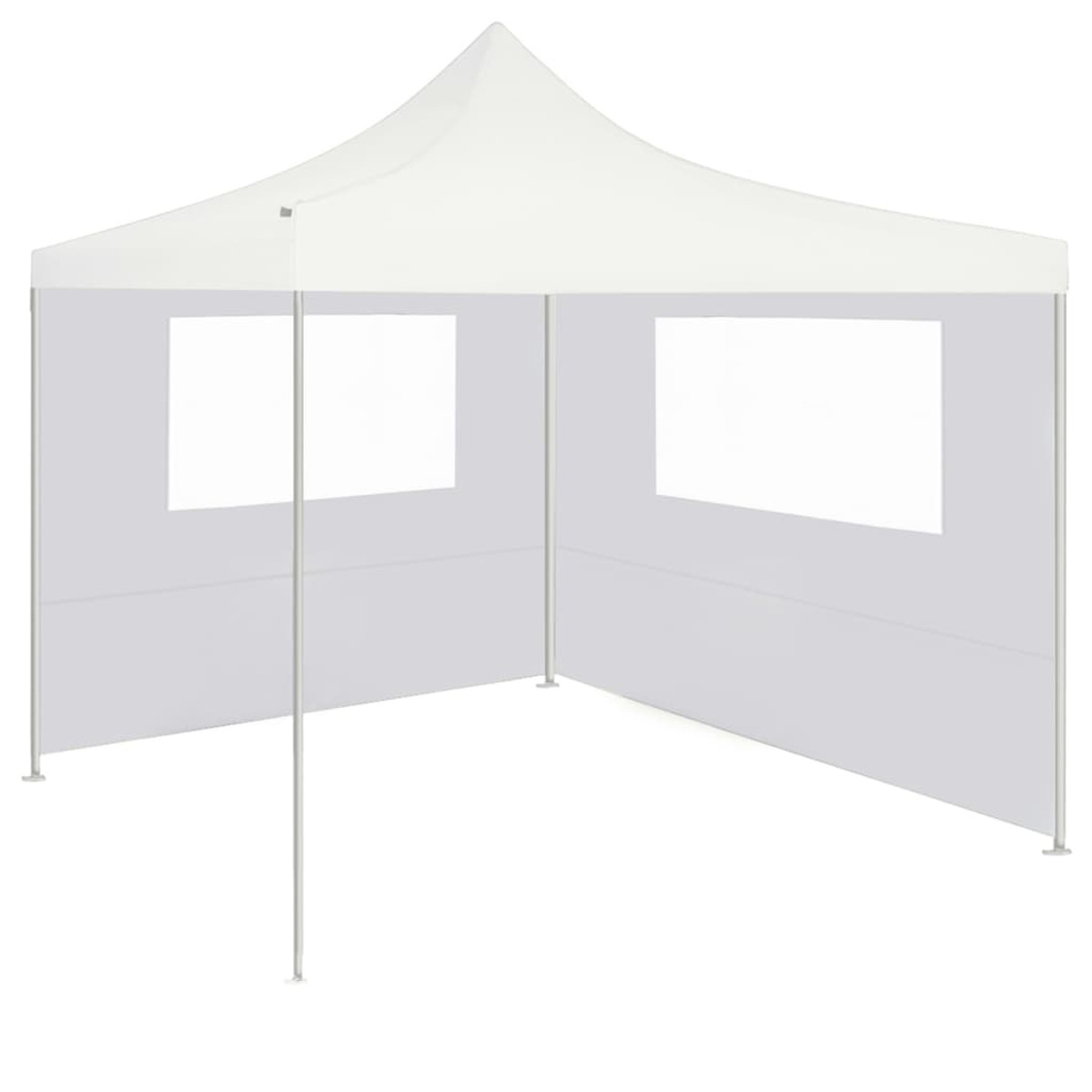 Tenda bianca con finestre e tetto a punta, vista da un'angolazione.