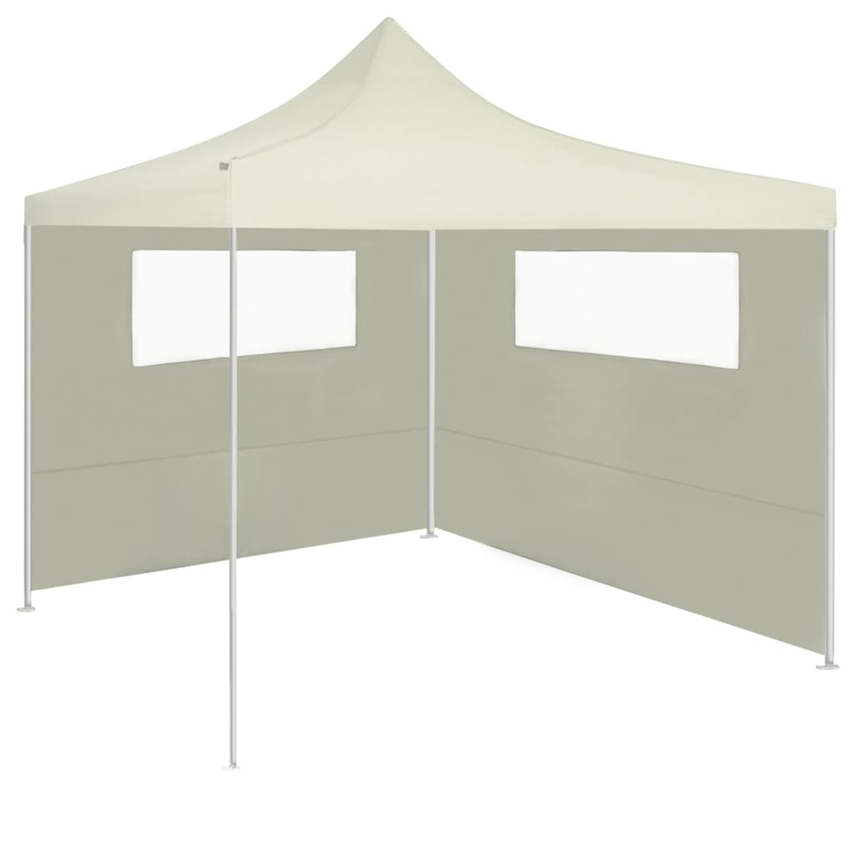 Una tenda beige con due finestre, sostenuta da pali bianchi.