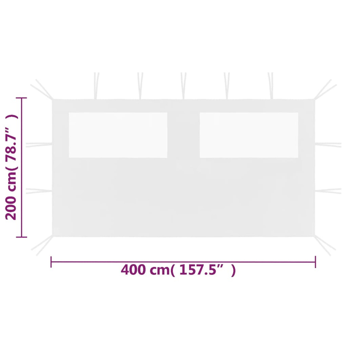 Telo tenda bianco con dimensioni: 200 cm x 400 cm. Due sezioni rettangolari a forma di finestra.