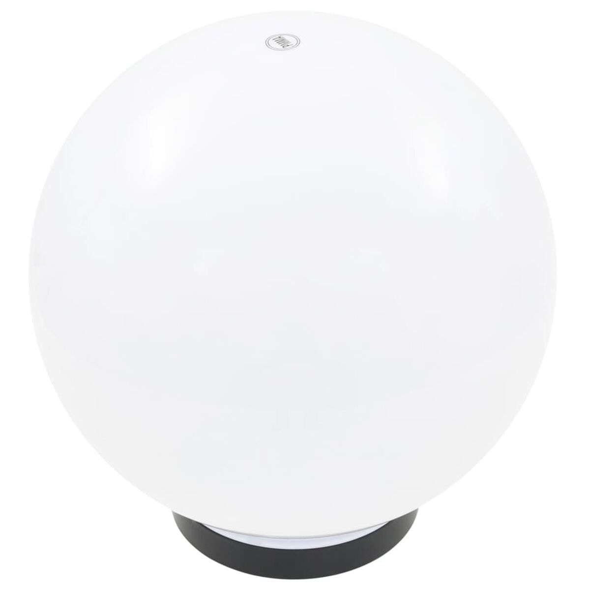 Una luce a globo bianco poggia su una base nera.