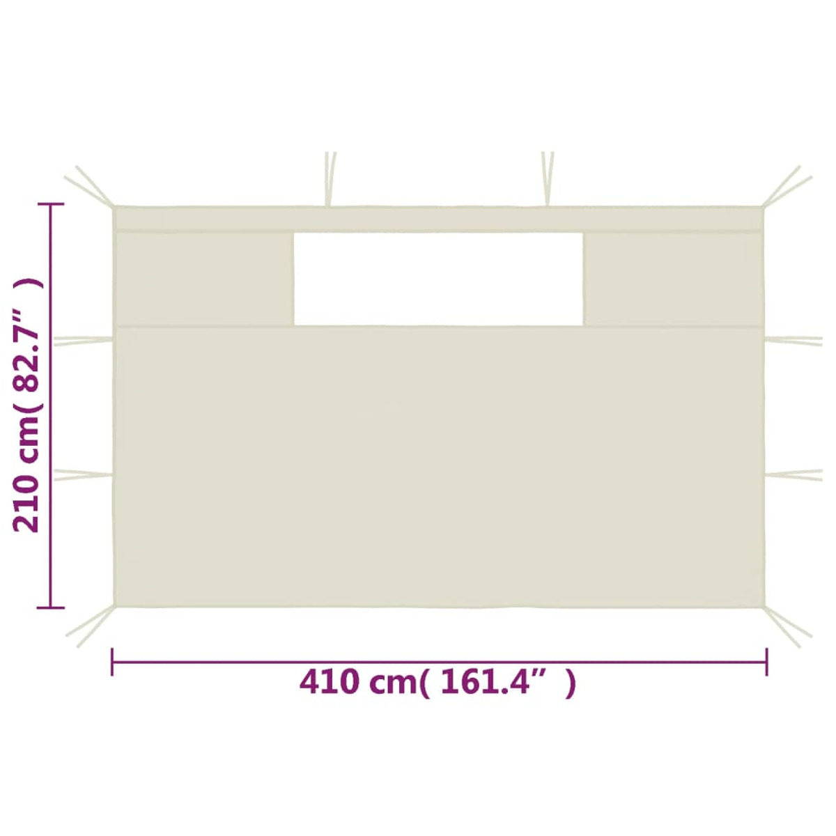 Tessuto beige con finestra rettangolare e dimensioni in cm e pollici.