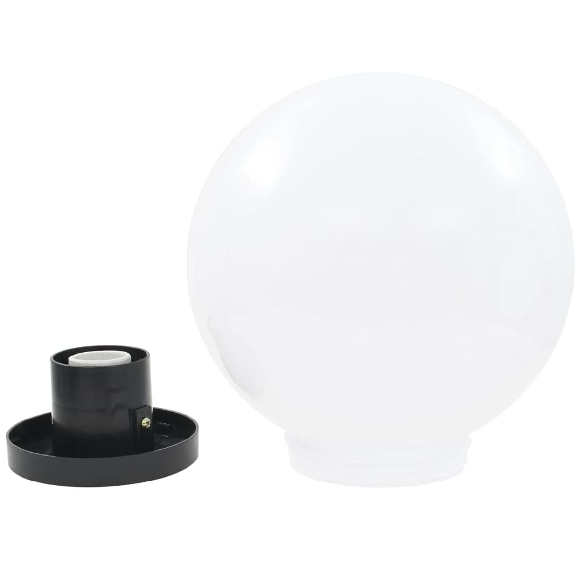 Un apparecchio di illuminazione a forma di globo bianco accanto a una base nera per il montaggio, sfondo bianco.
