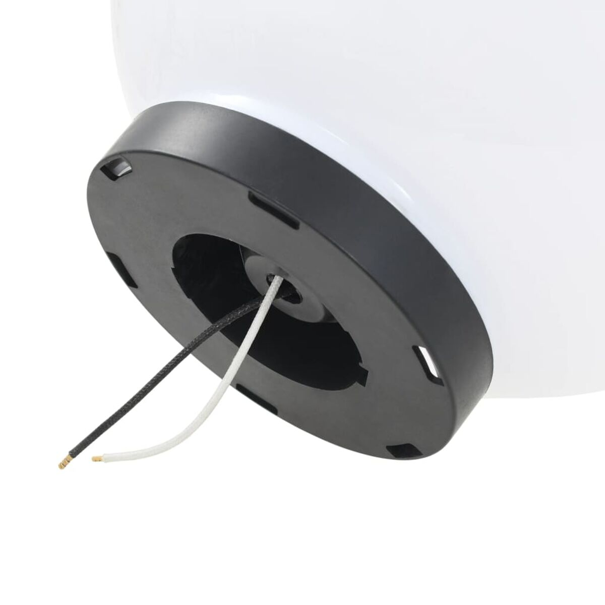 Base per lampada a globo bianca con anello nero, due fili, sfondo bianco.