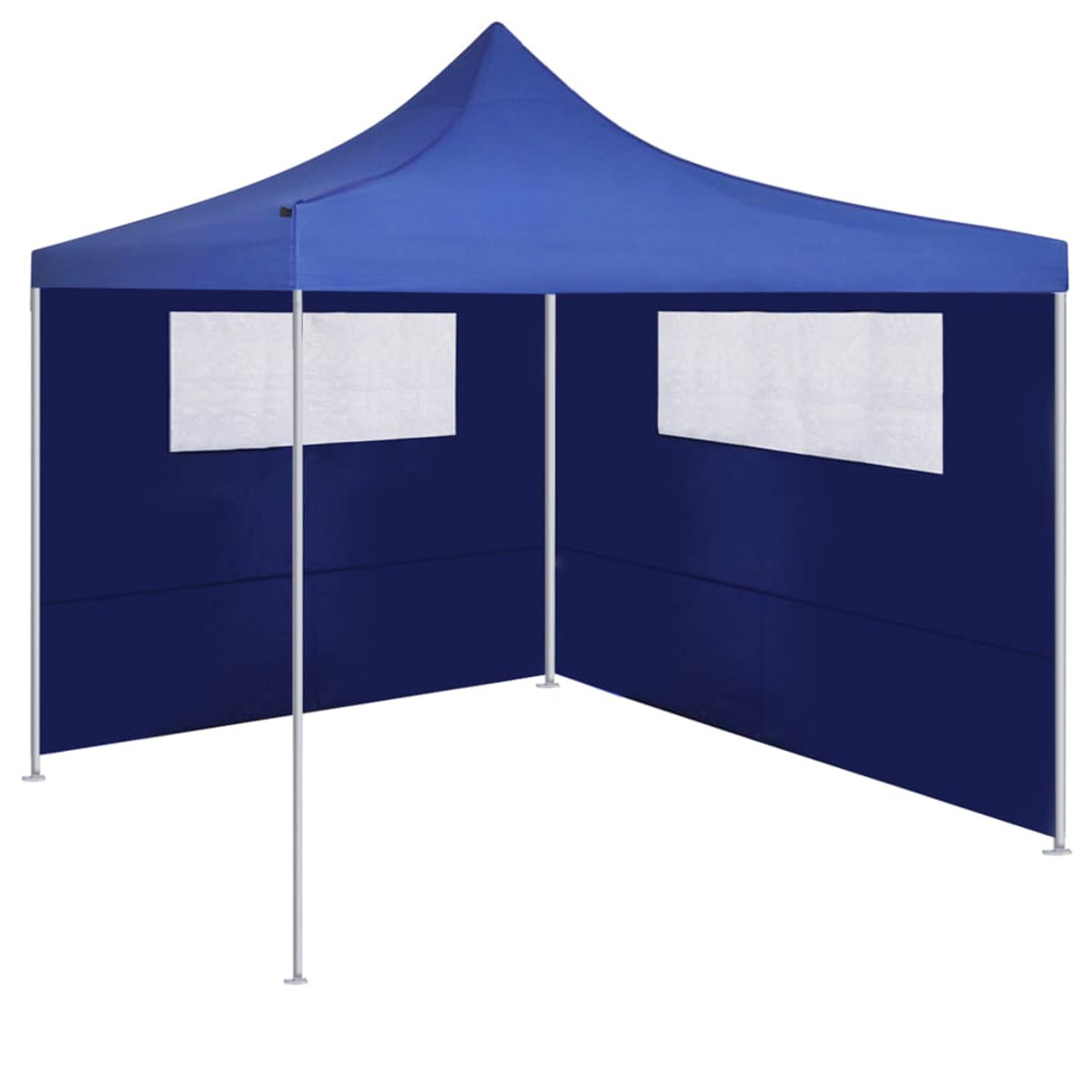 Una tenda blu con due finestre e pali di supporto bianchi.