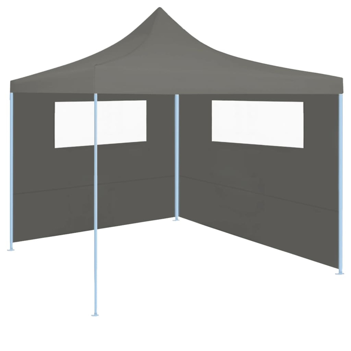 Tenda grigia con finestre. Sfondo bianco. Pali metallici. Fronte aperto.