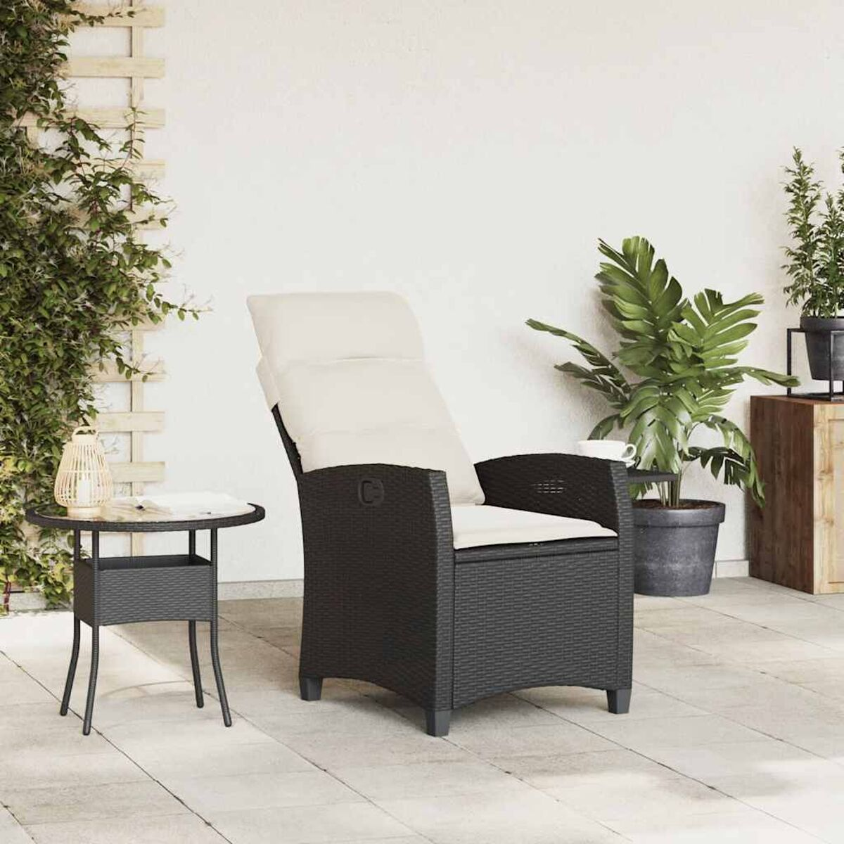 Una sedia in rattan nero con un cuscino bianco. Un tavolino e una pianta sono accanto.