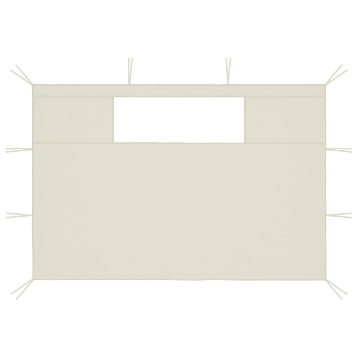Telo tenda beige con sezione rettangolare a forma di finestra e lacci pendenti.