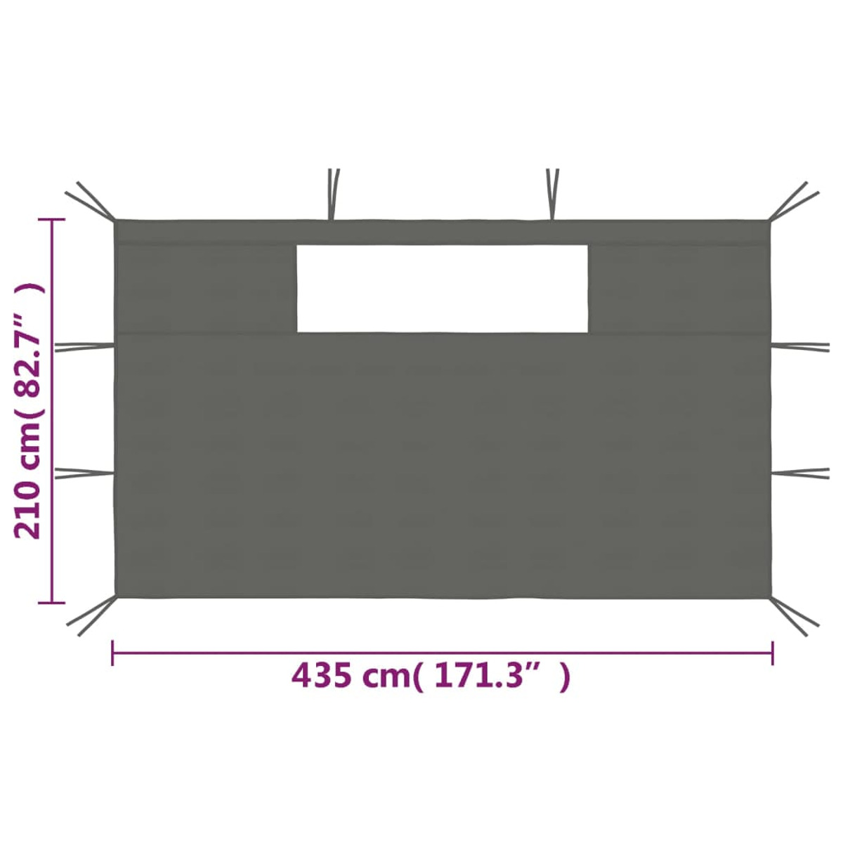 Un rettangolo di tessuto grigio con una sezione ritagliata. Le dimensioni sono indicate. Include lacci sui bordi.