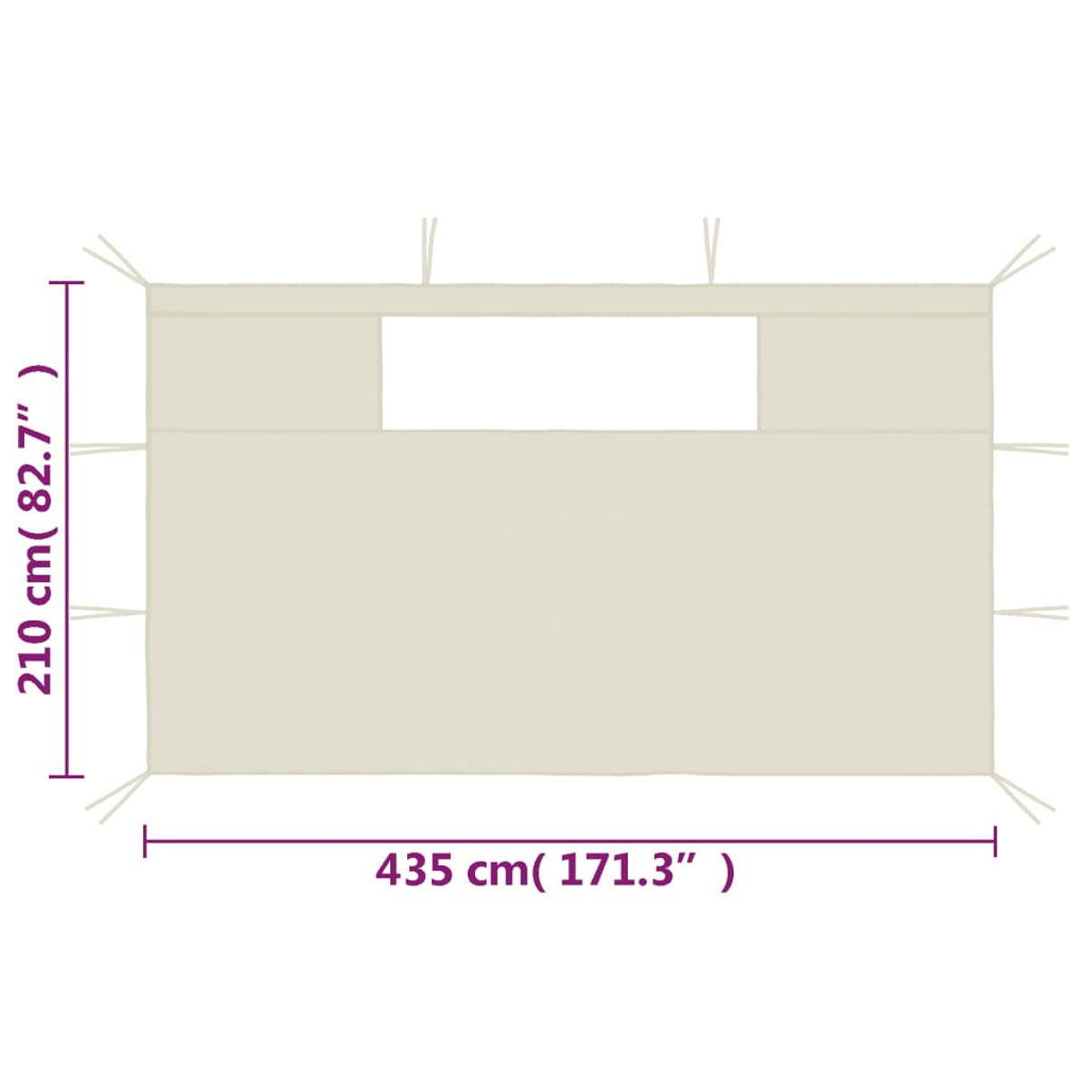 Un pannello beige con dimensioni, con una finestra rettangolare e corde lungo la parte superiore e i lati.