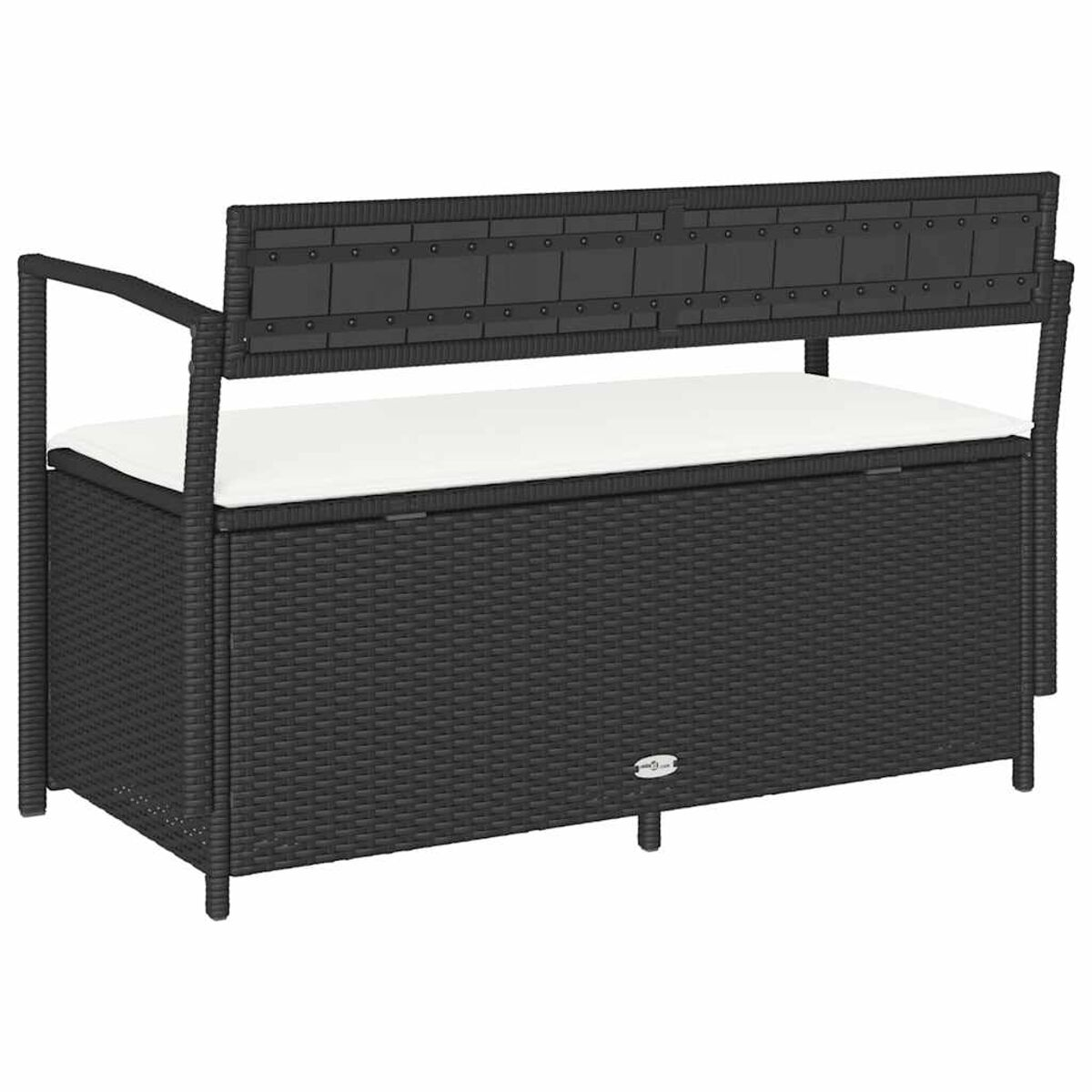 Panca contenitore in vimini nero con cuscino bianco. La panca ha schienale e braccioli.