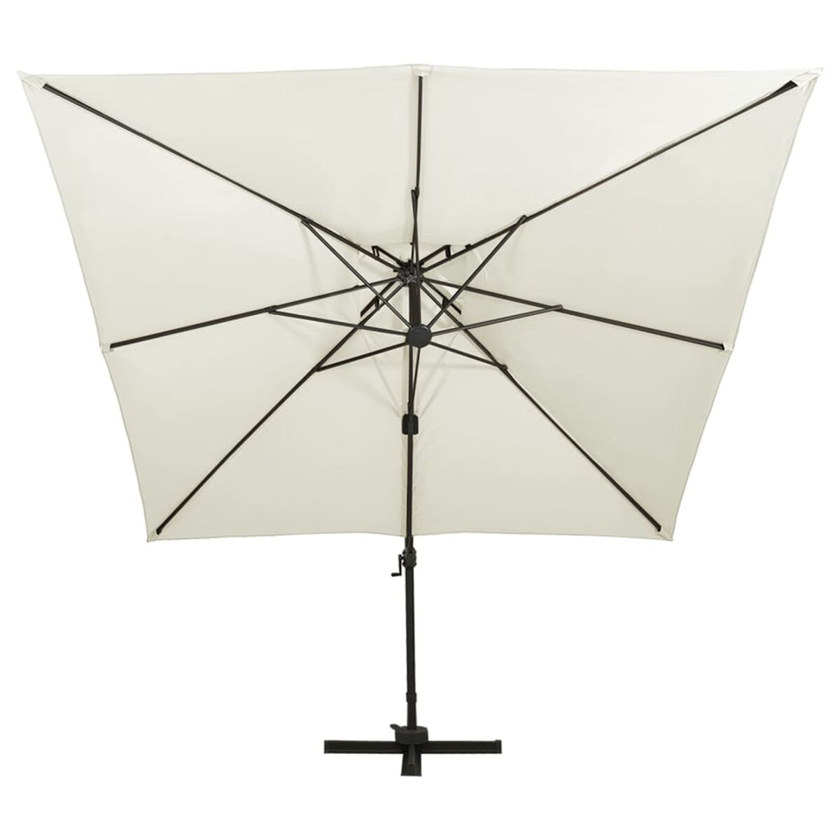 Ombrellone quadrato bianco dal basso. Struttura di supporto e base nere su bianco.