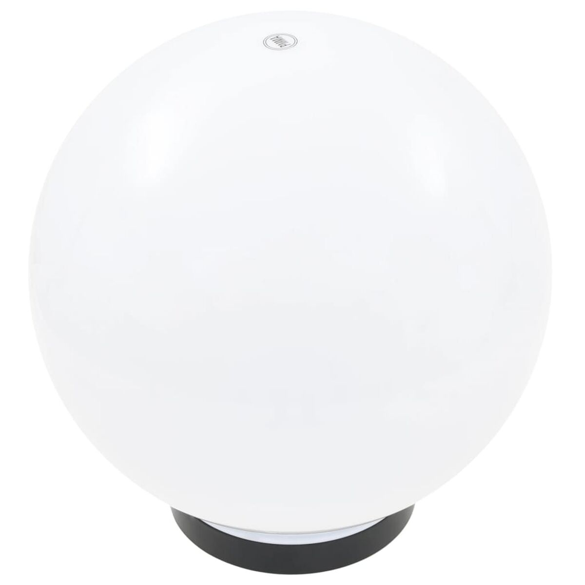 Un apparecchio di illuminazione bianco a forma di globo con una base nera. La luce è su sfondo bianco.