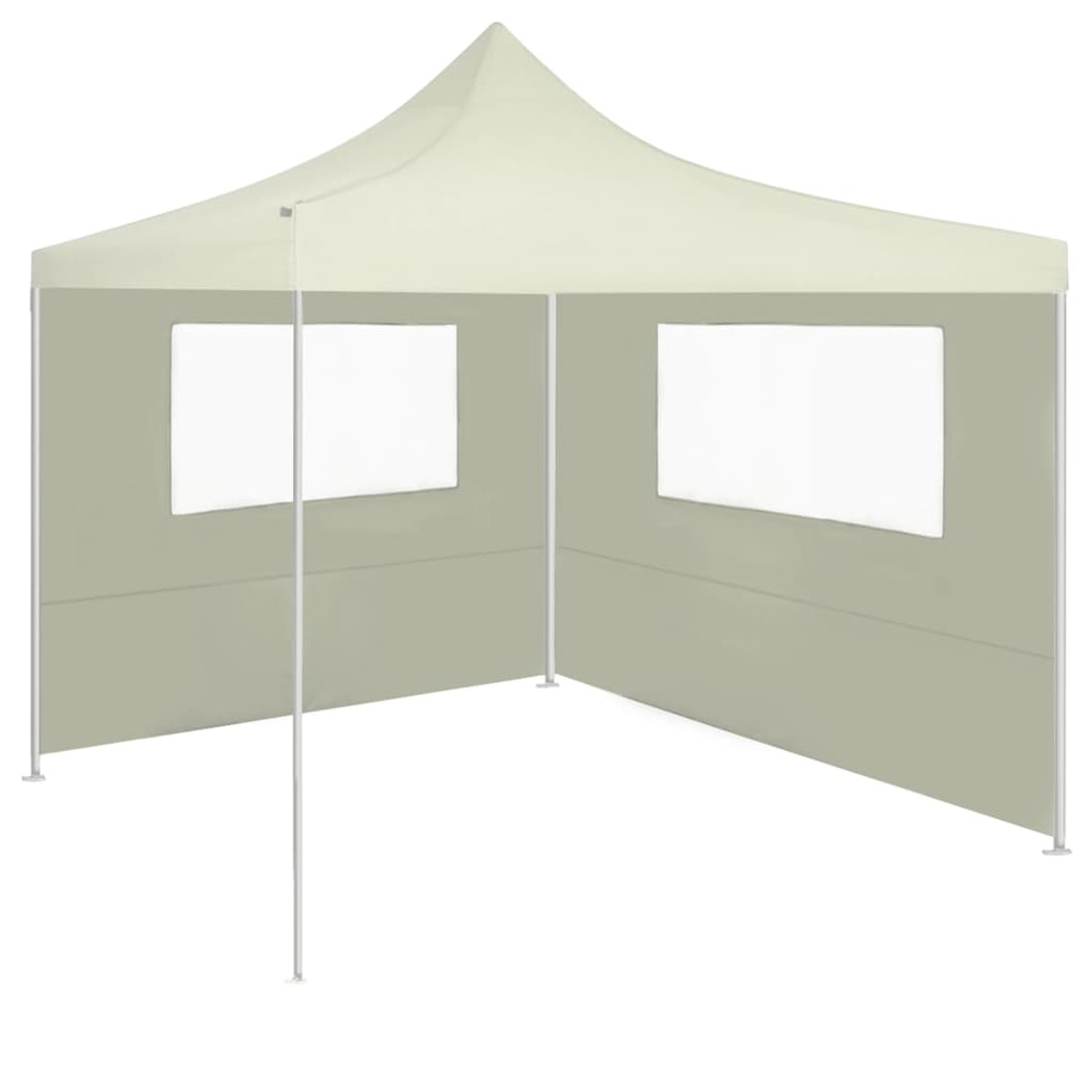 Tenda beige. Pali bianchi e due finestre. Parzialmente aperta.