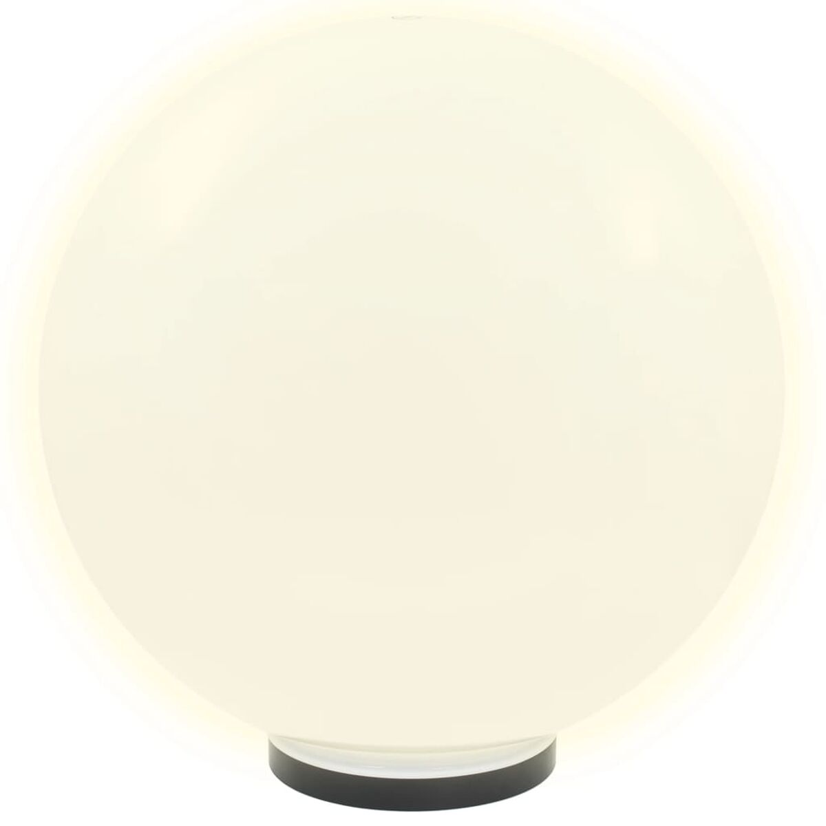 Una lampada sferica bianca su una base nera, con luce che emana dai bordi.