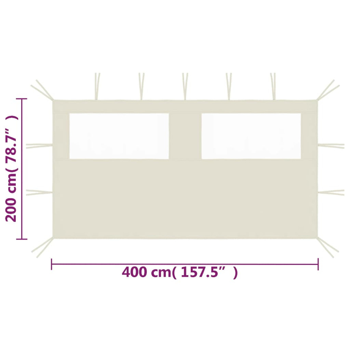 Tessuto beige con finestra rettangolare, dimensioni in cm e pollici.