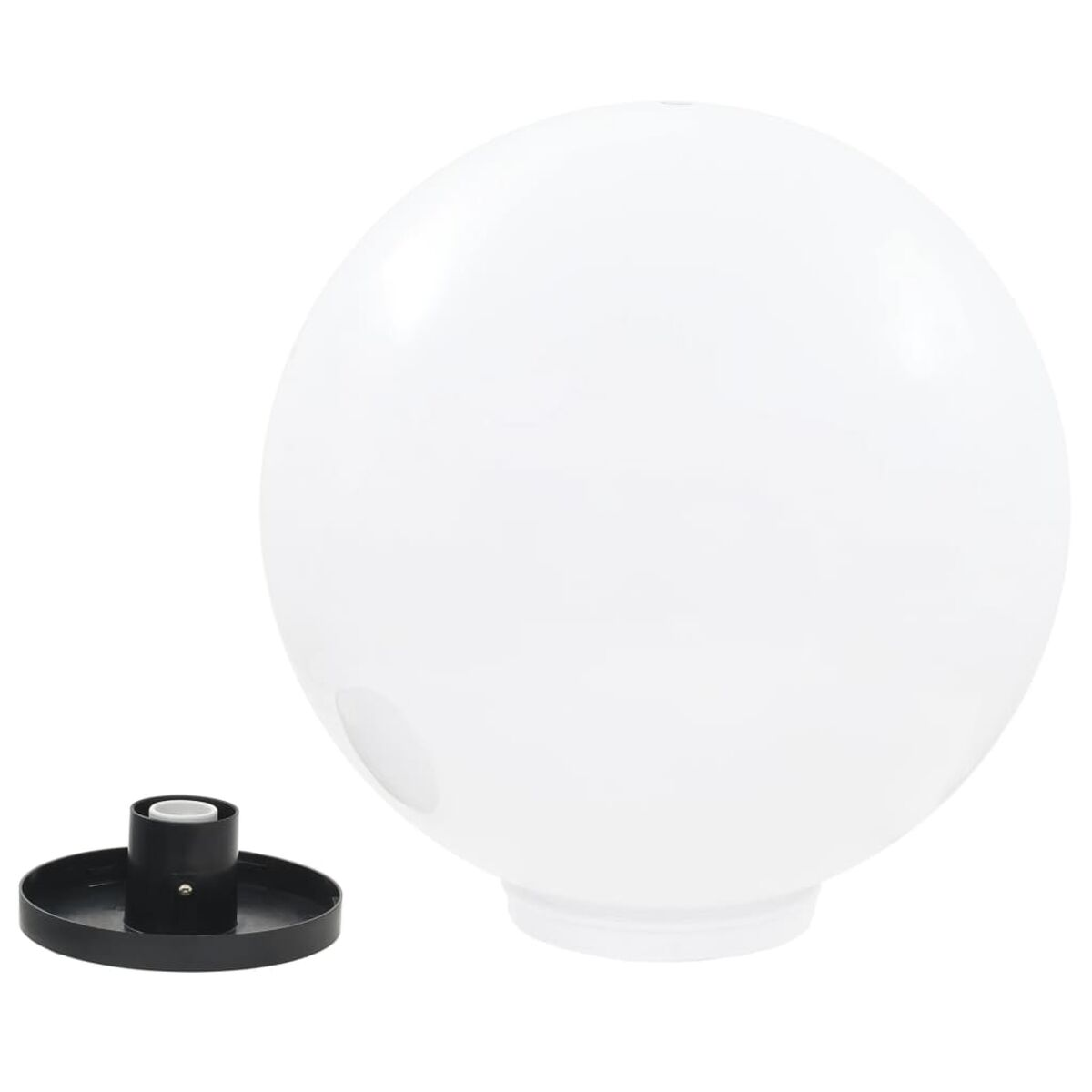 Una luce a globo bianco e una base nera, separati.