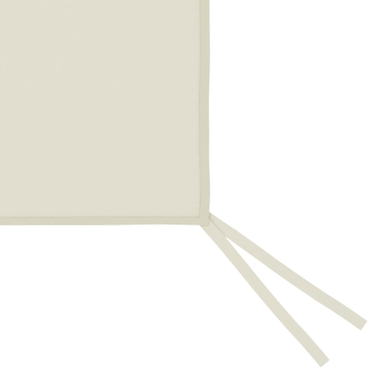 Primo piano di un angolo di cuscino color crema. Due lacci di tessuto bianco si estendono verso l'esterno.