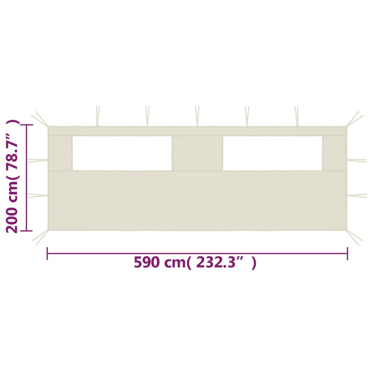 Una tenda parasole in tessuto beige con dimensioni visualizzate.
