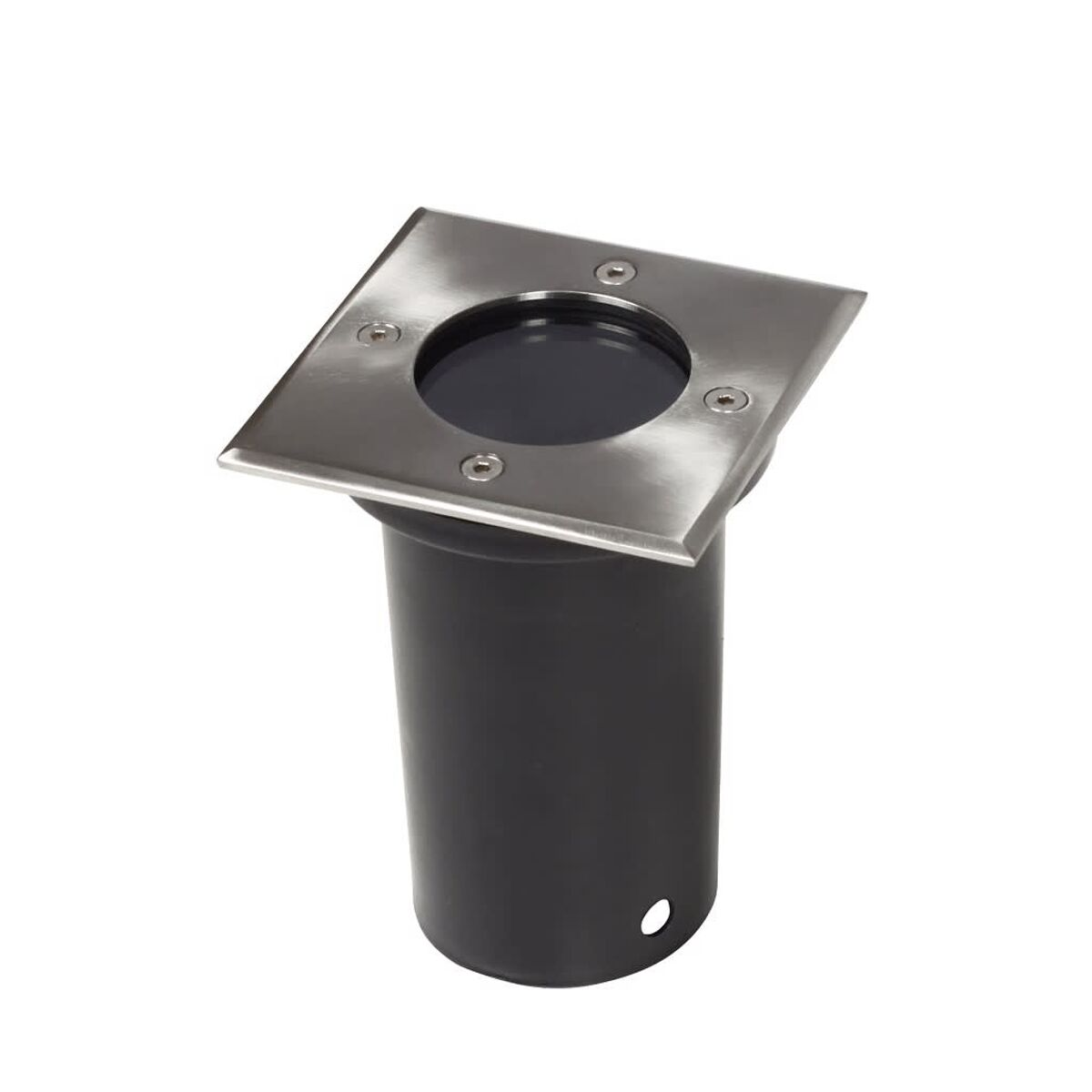 Lampada cilindrica nera con parte superiore quadrata argentata e sfondo bianco.