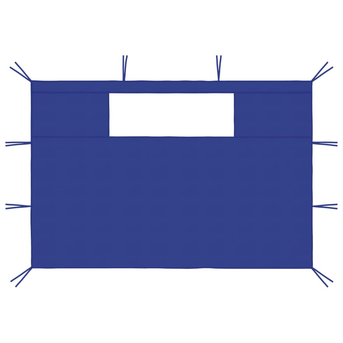 Tessuto blu con un ritaglio rettangolare e corde agli angoli, probabilmente un parasole.