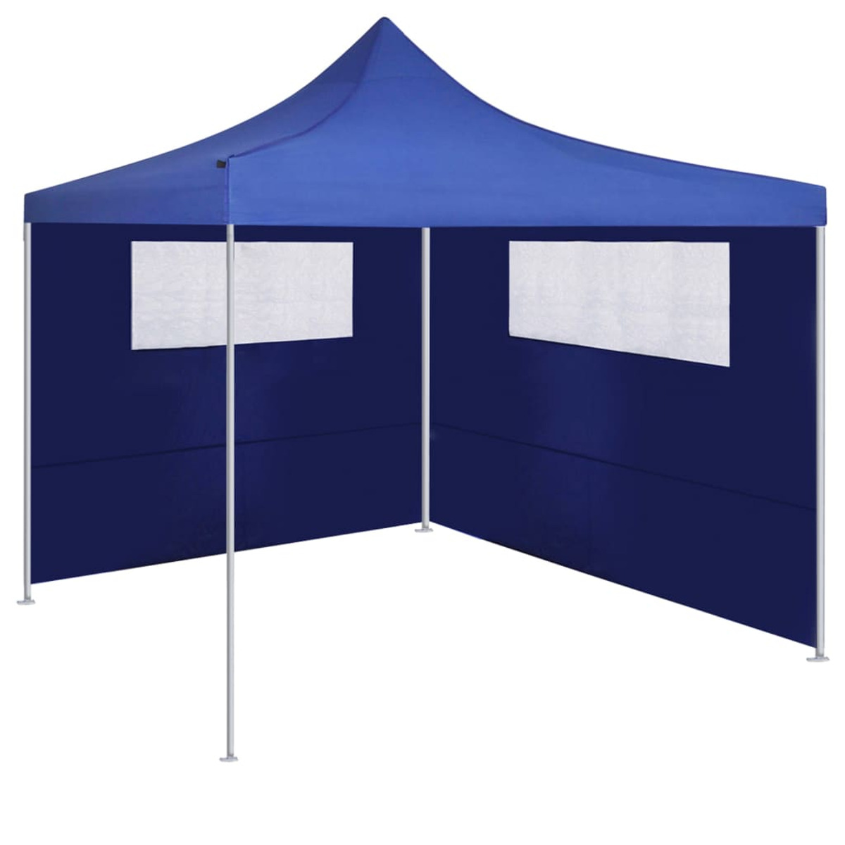 Tenda blu, due finestre, quattro gambe, sfondo bianco.